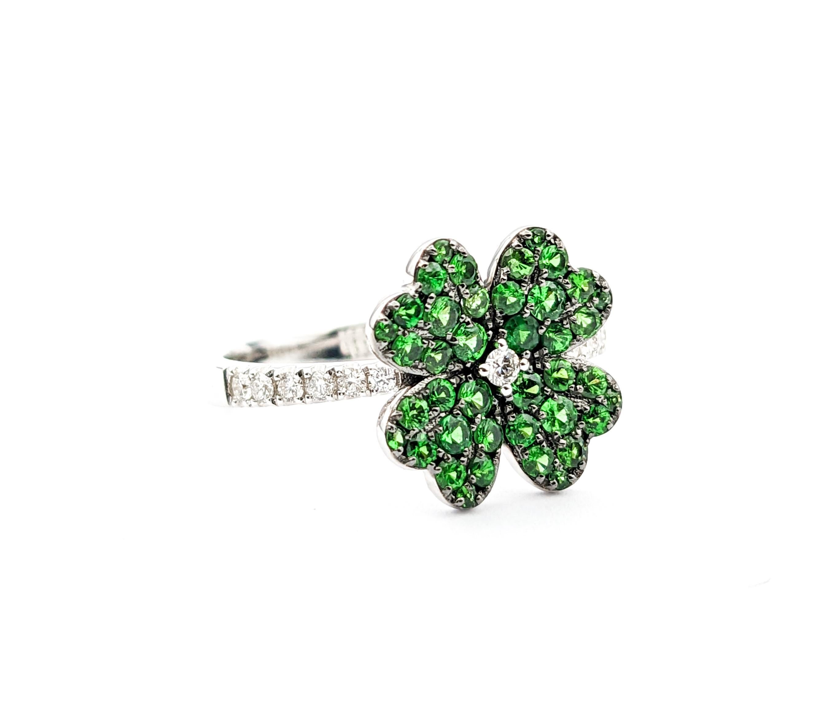Round Cut Four Leaf Clover Shamrock Ring with Tsavorite Garnets & Diamonds in 14kt White G For Sale