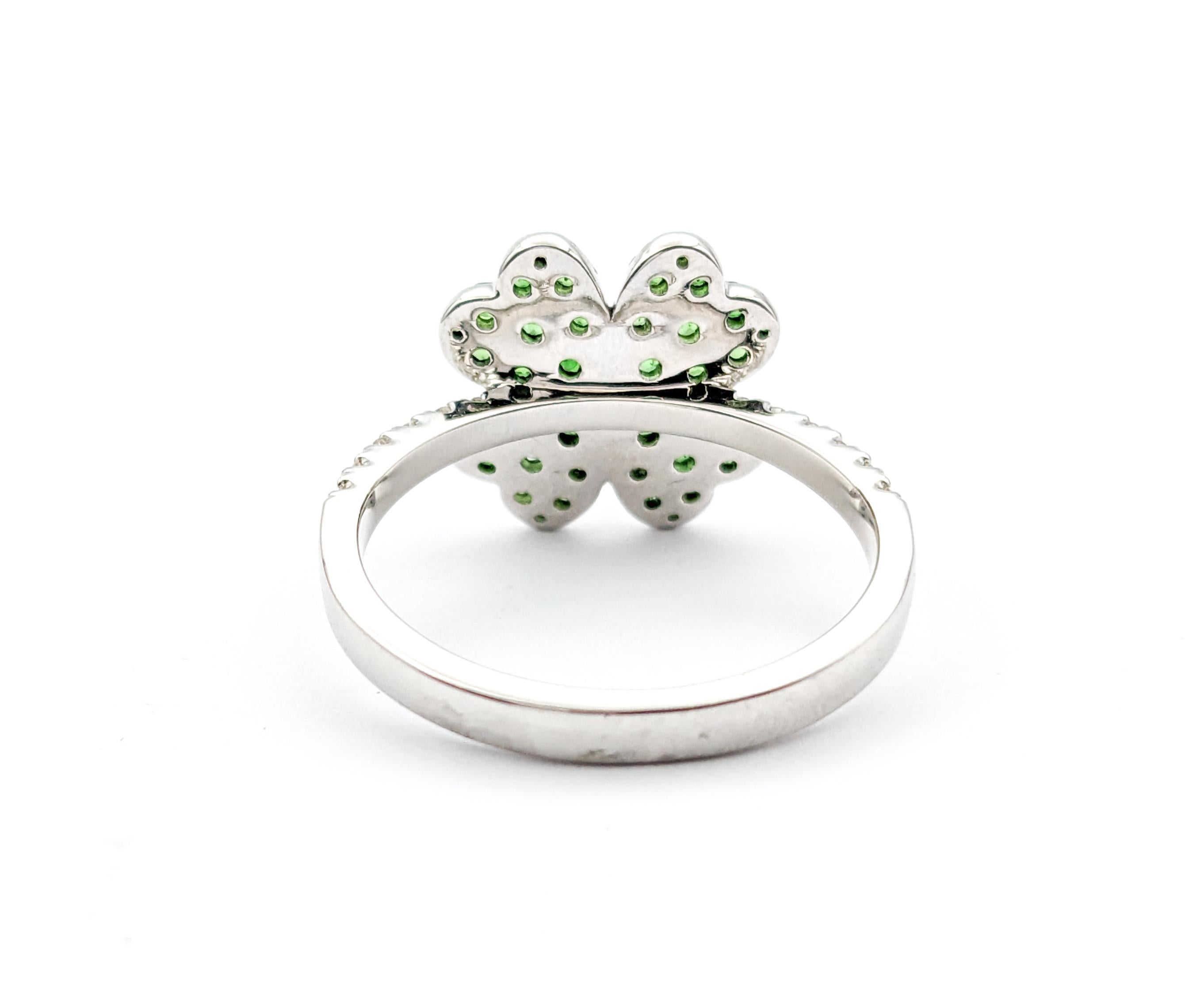Women's Four Leaf Clover Shamrock Ring with Tsavorite Garnets & Diamonds in 14kt White G For Sale