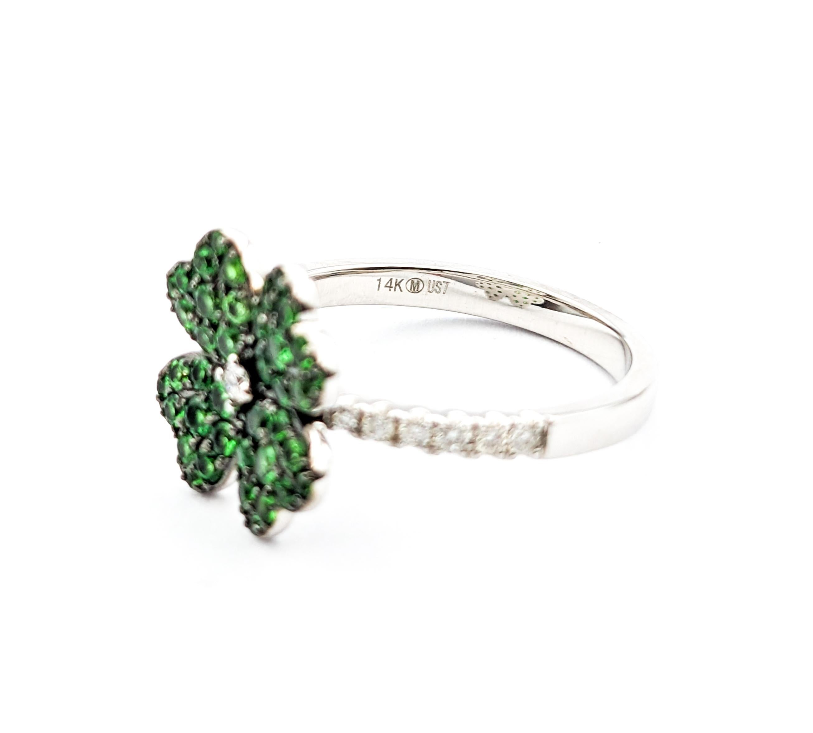 Four Leaf Clover Shamrock Ring with Tsavorite Garnets & Diamonds in 14kt White G For Sale 1