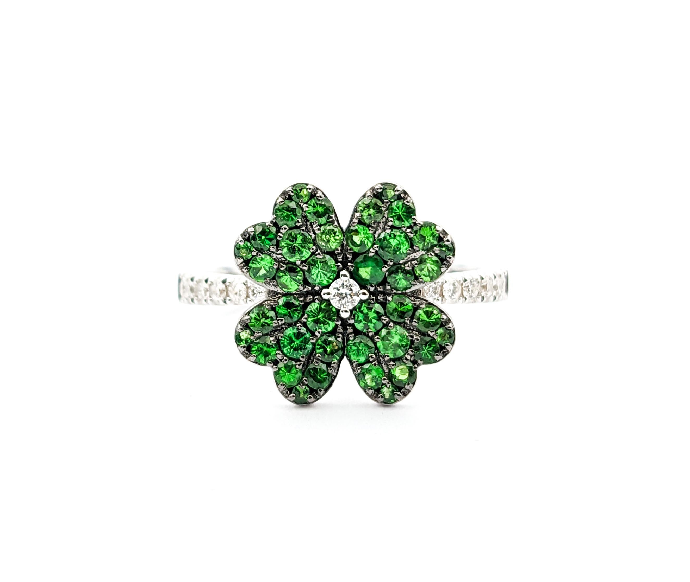 Four Leaf Clover Shamrock Ring with Tsavorite Garnets & Diamonds in 14kt White G For Sale 2