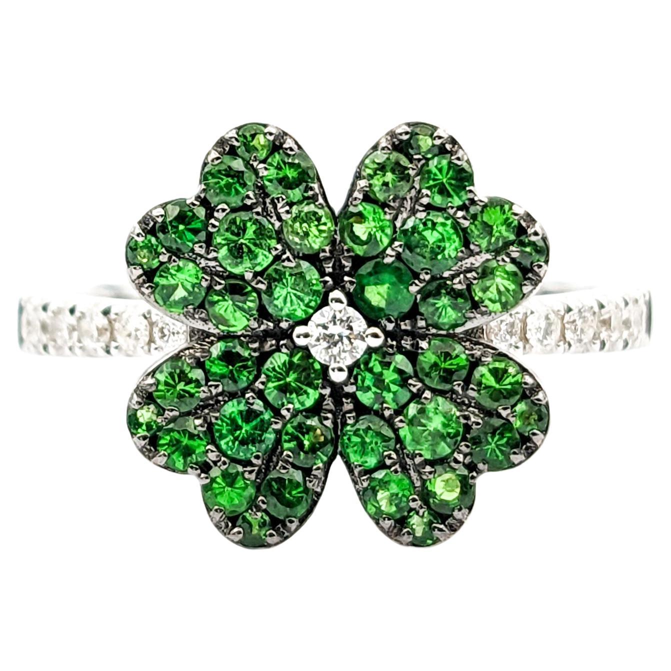 Four Leaf Clover Shamrock Ring with Tsavorite Garnets & Diamonds in 14kt White G For Sale