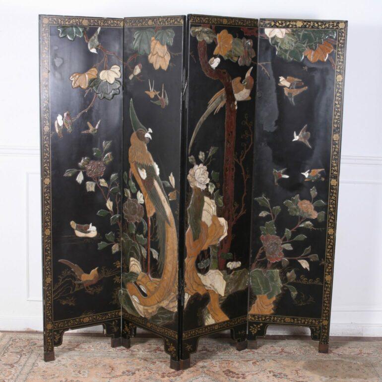 Four Leaf Lacquered Screen from the mid-19th Century Paris. Beautiful large hard stone design and unique linking system never before seen in a screen like this. It’s beautiful, original and rare.