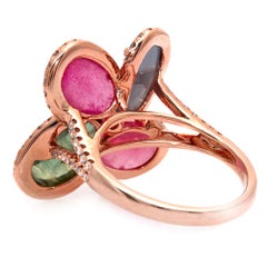 Four-Leaf Rose Cut Multi-Color Sapphires and Diamonds 14 Karat Rose Gold Ring