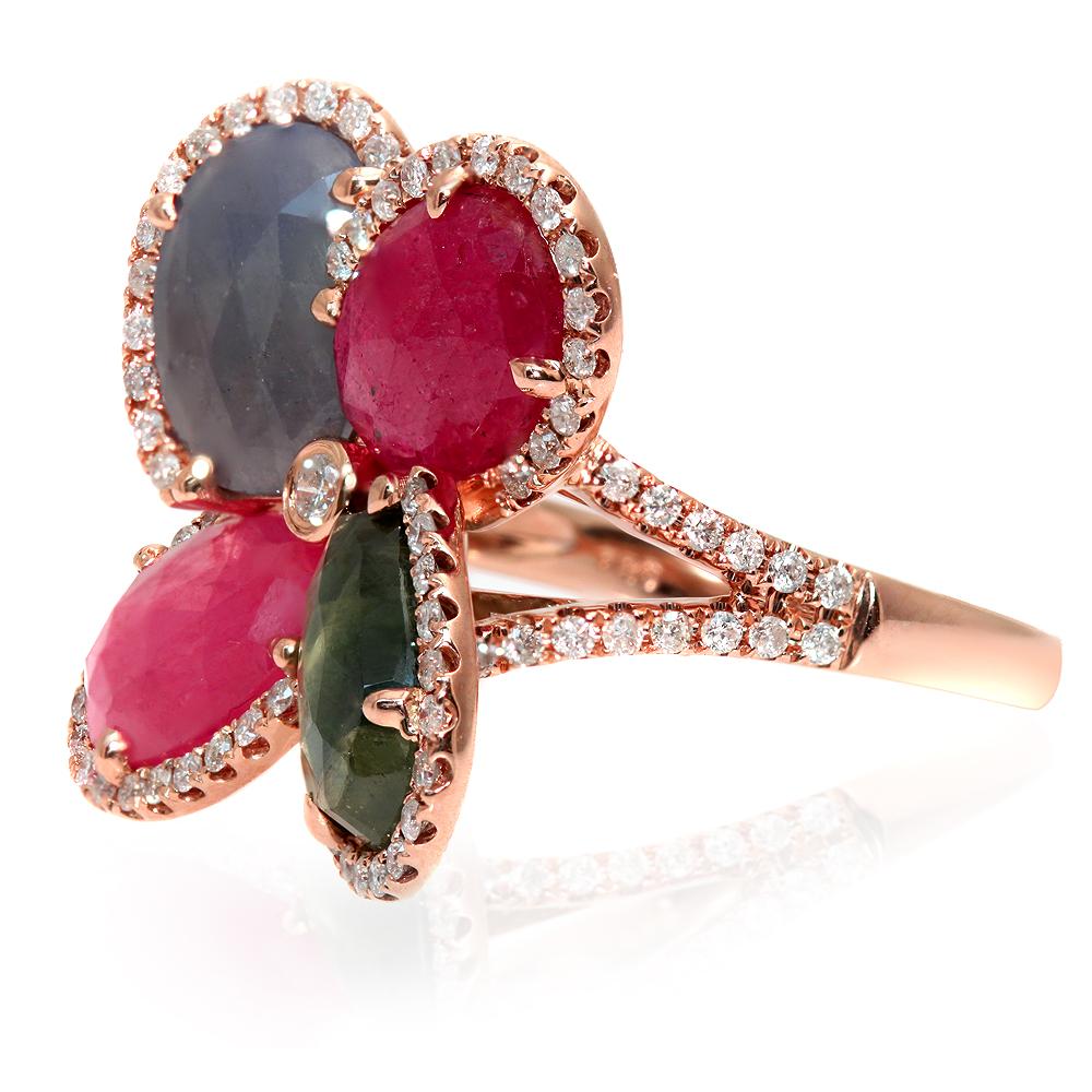 Four-Leaf Rose Cut Multi-Color Sapphires and Diamonds 14 Karat Rose Gold Ring In Excellent Condition For Sale In Los Angeles, CA