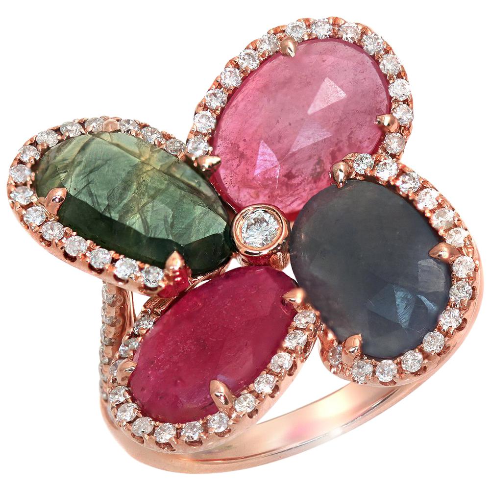 Four-Leaf Rose Cut Multi-Color Sapphires and Diamonds 14 Karat Rose Gold Ring For Sale