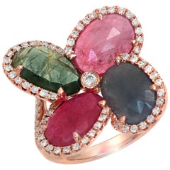 Ring aus 14 Karat Roségold mit vier Blättern und mehrfarbigen Saphiren und Diamanten im Rosenschliff