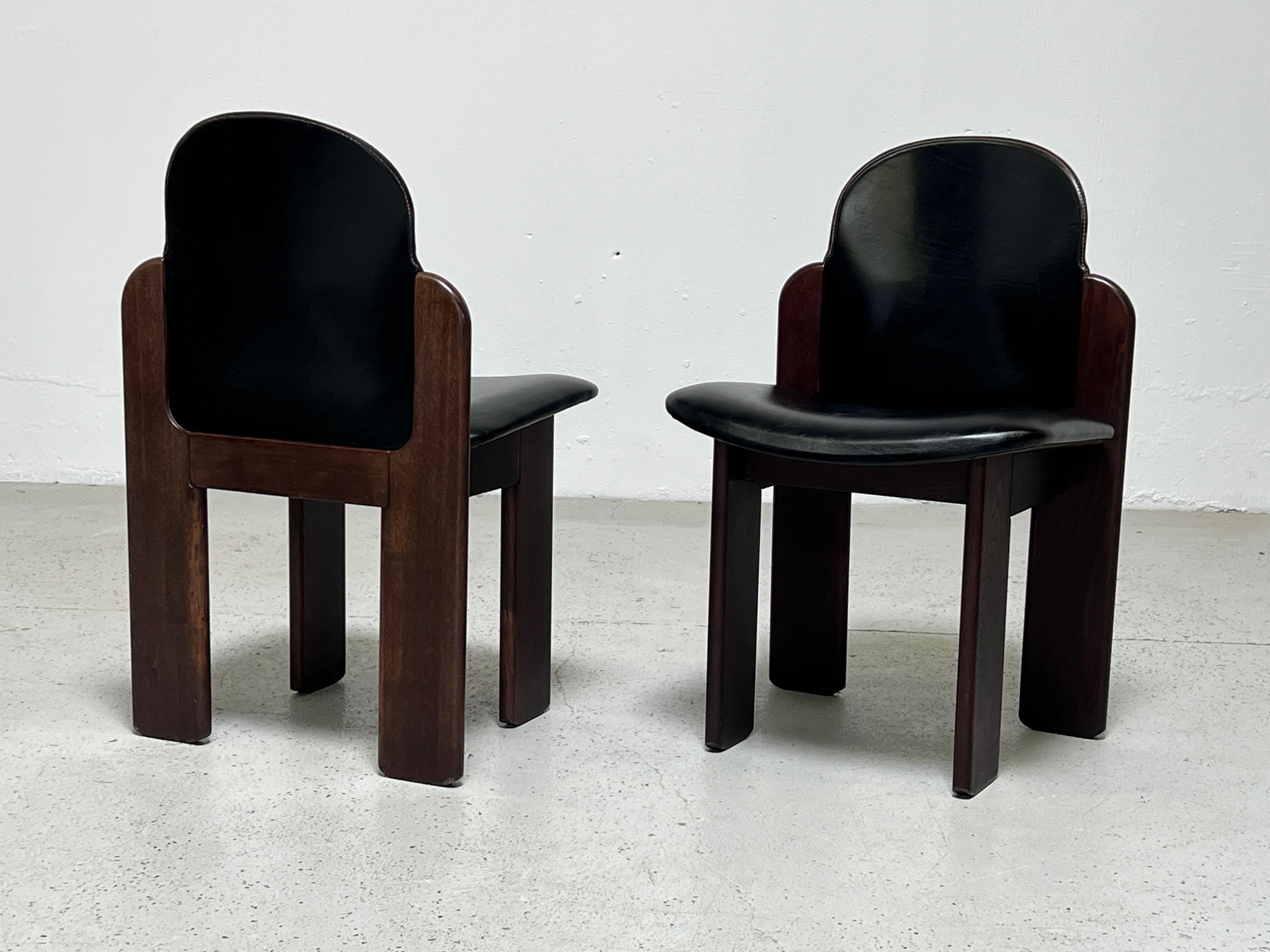 Late 20th Century Four Leather and Walnut Chairs by Silvio Coppola for Bernini