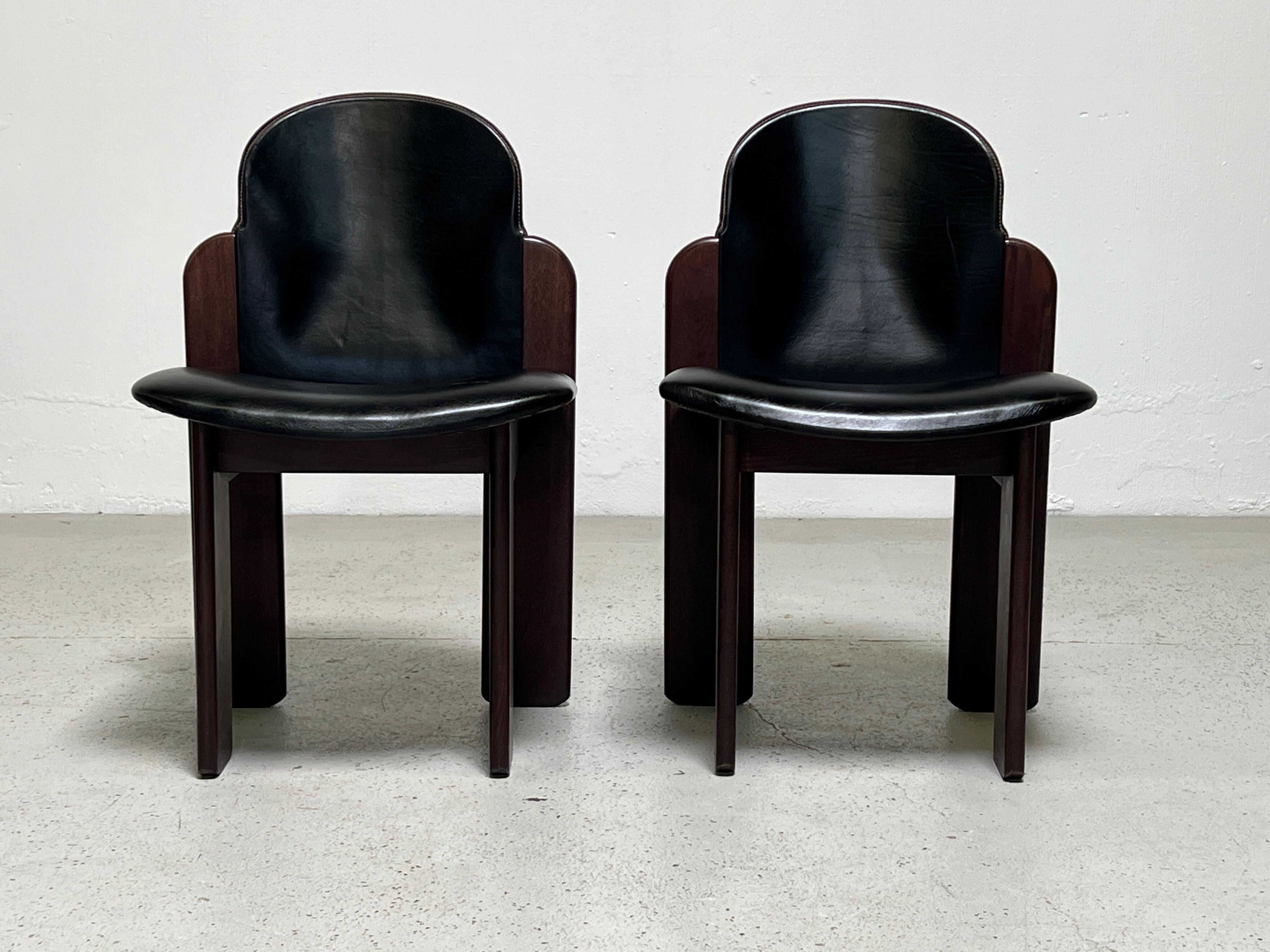 Four Leather and Walnut Chairs by Silvio Coppola for Bernini 3