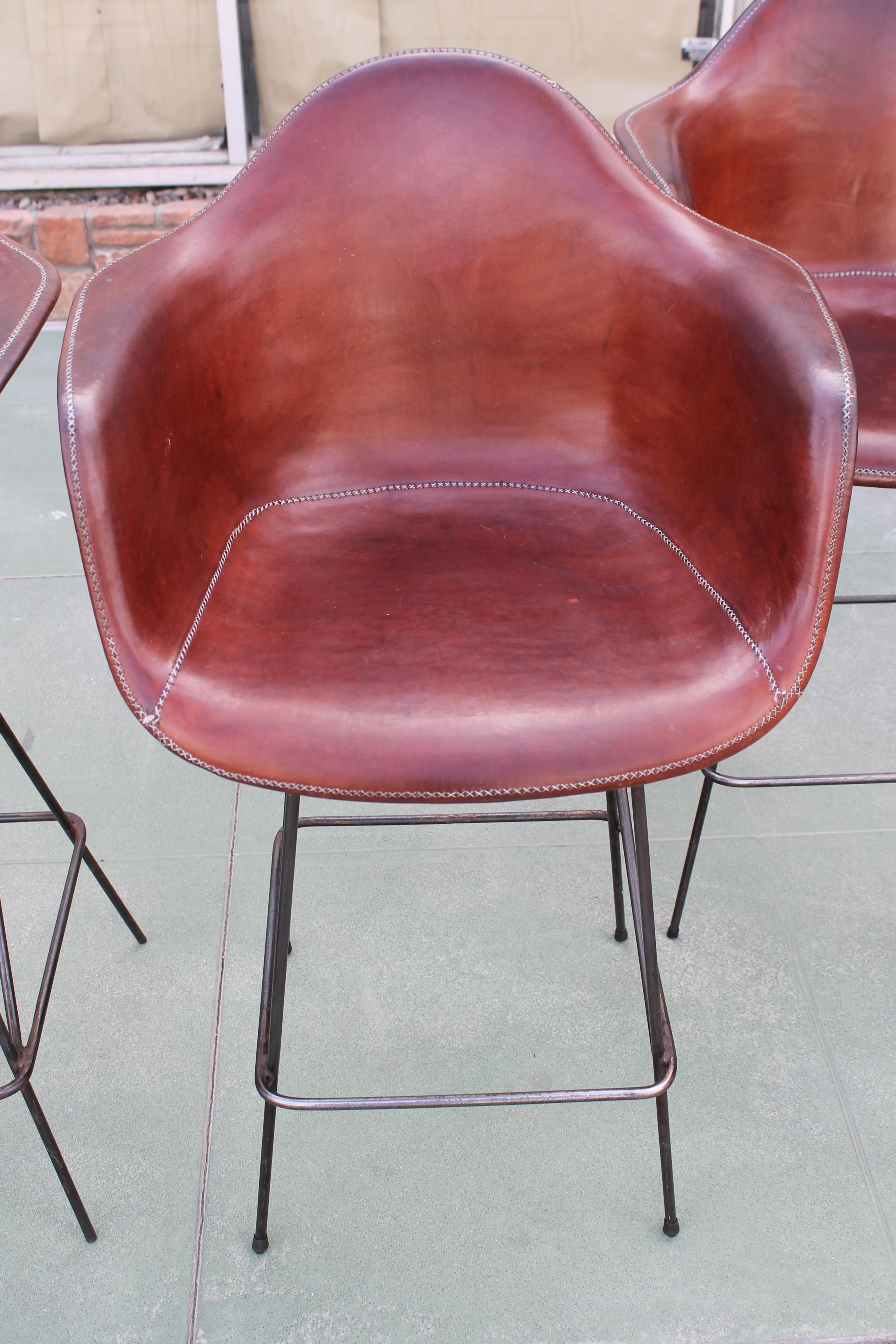 Late 20th Century Four Leather Barstools by Sol &Luna for Los Angeles Restaurant