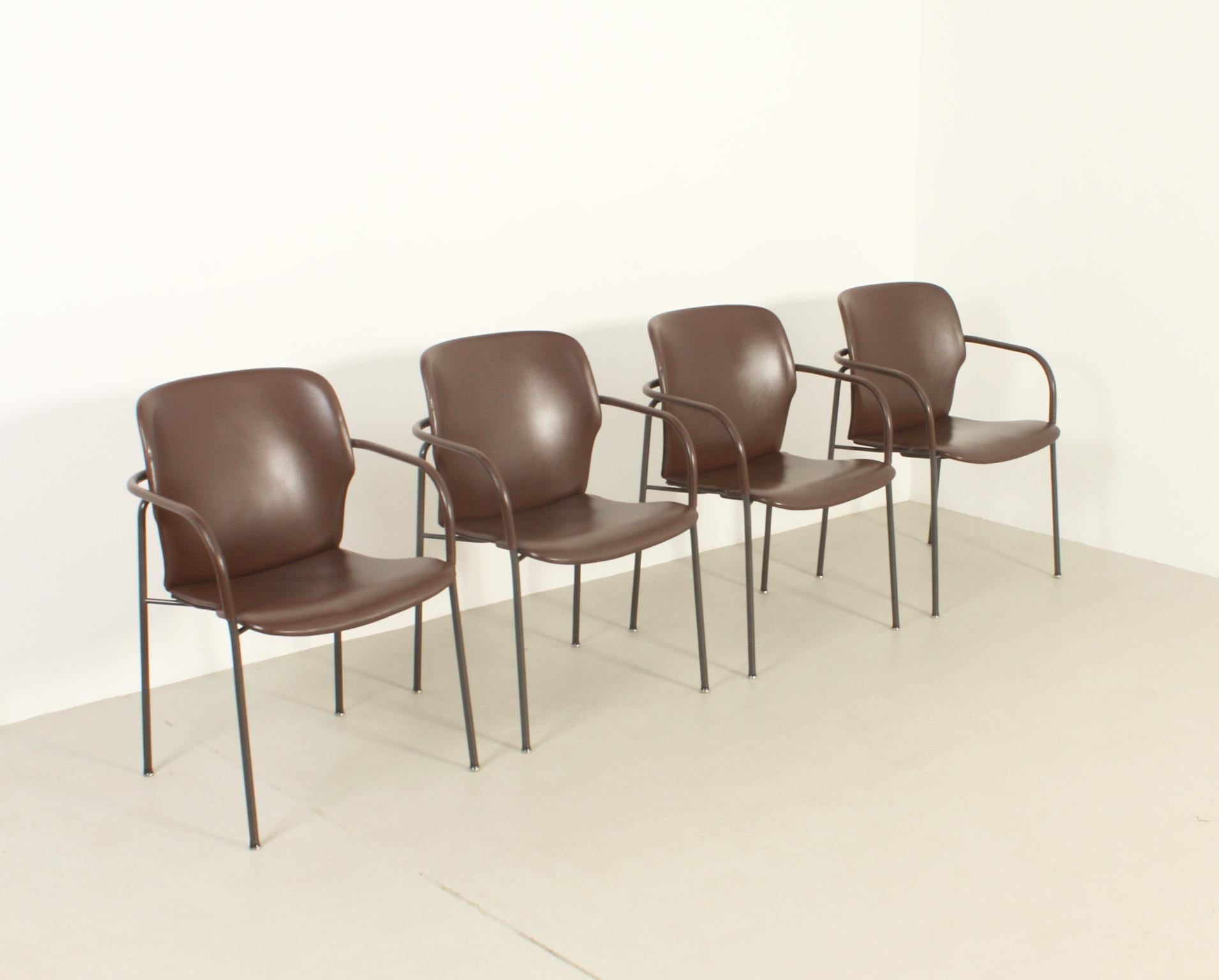 Post-Modern Four Leather Lalanda Chairs by Gianfranco Frattini, 1980's For Sale