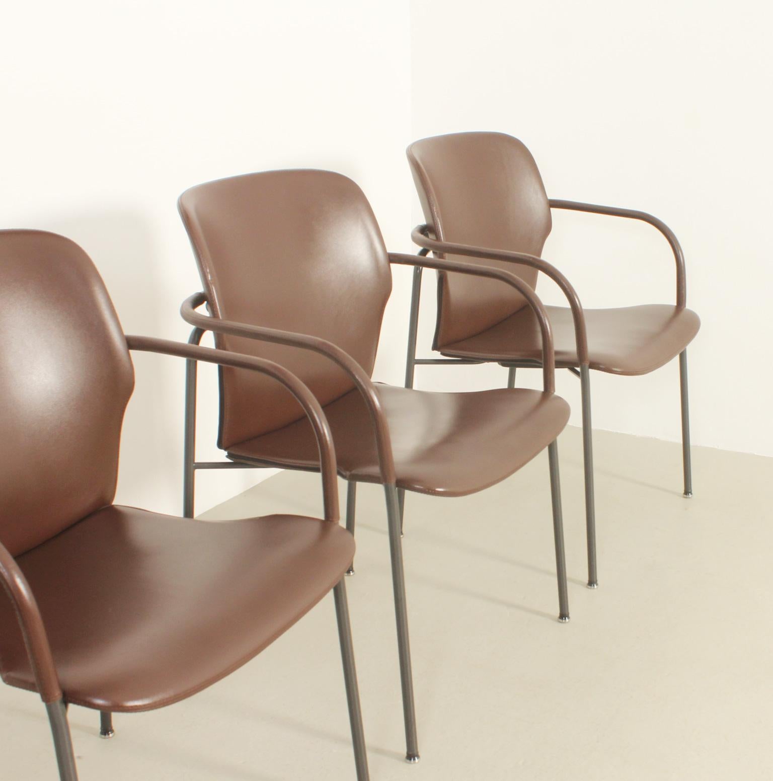 Late 20th Century Four Leather Lalanda Chairs by Gianfranco Frattini, 1980's For Sale