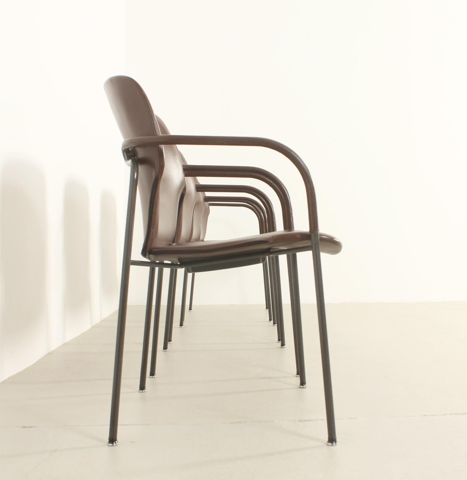 Metal Four Leather Lalanda Chairs by Gianfranco Frattini, 1980's For Sale