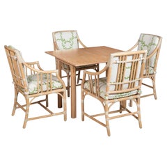 Four Leather-Wrapped Rattan “Balboa” Arm Chairs with Game Table by McGuire