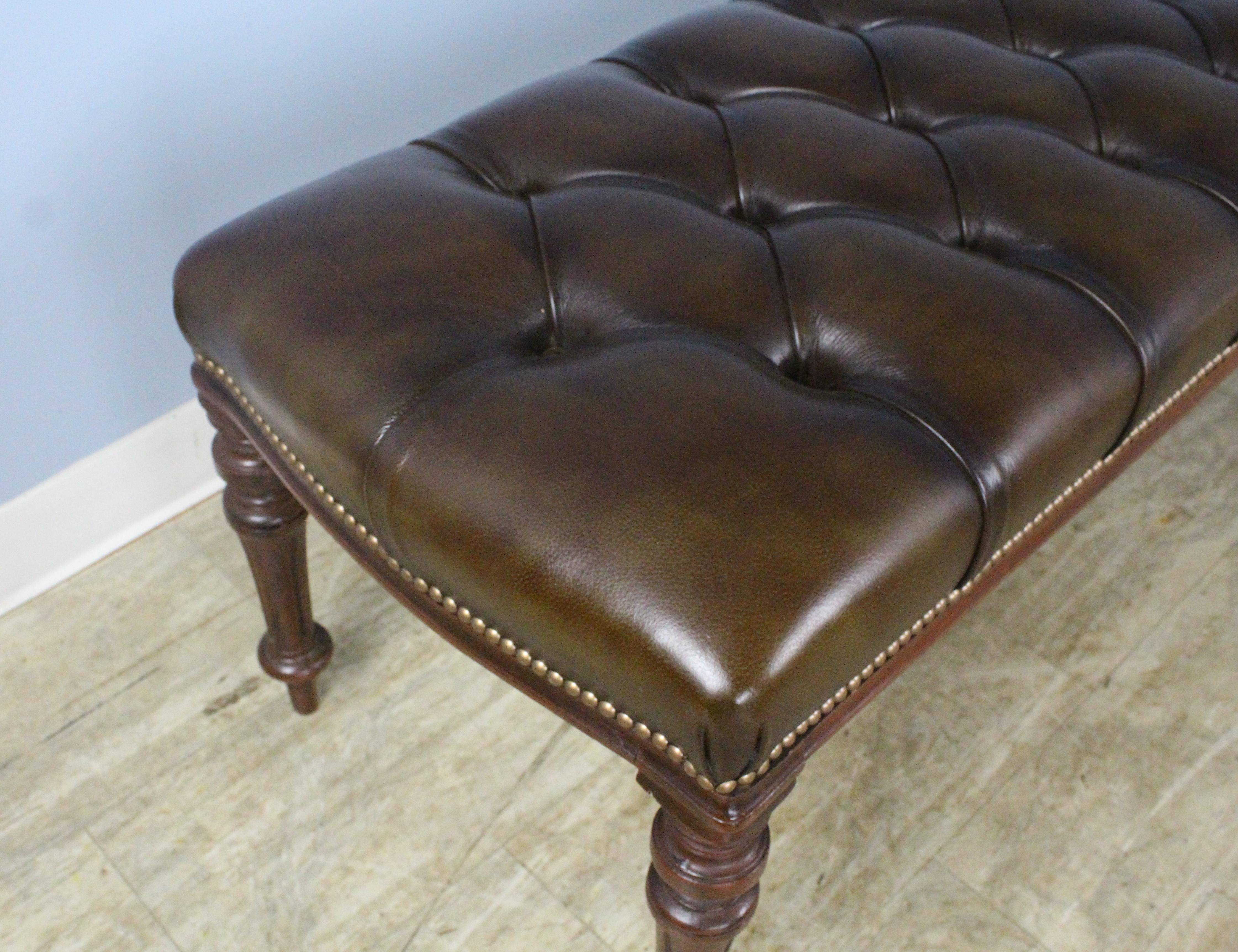 English Four Legged Antique Mahogany and Leather Stool For Sale