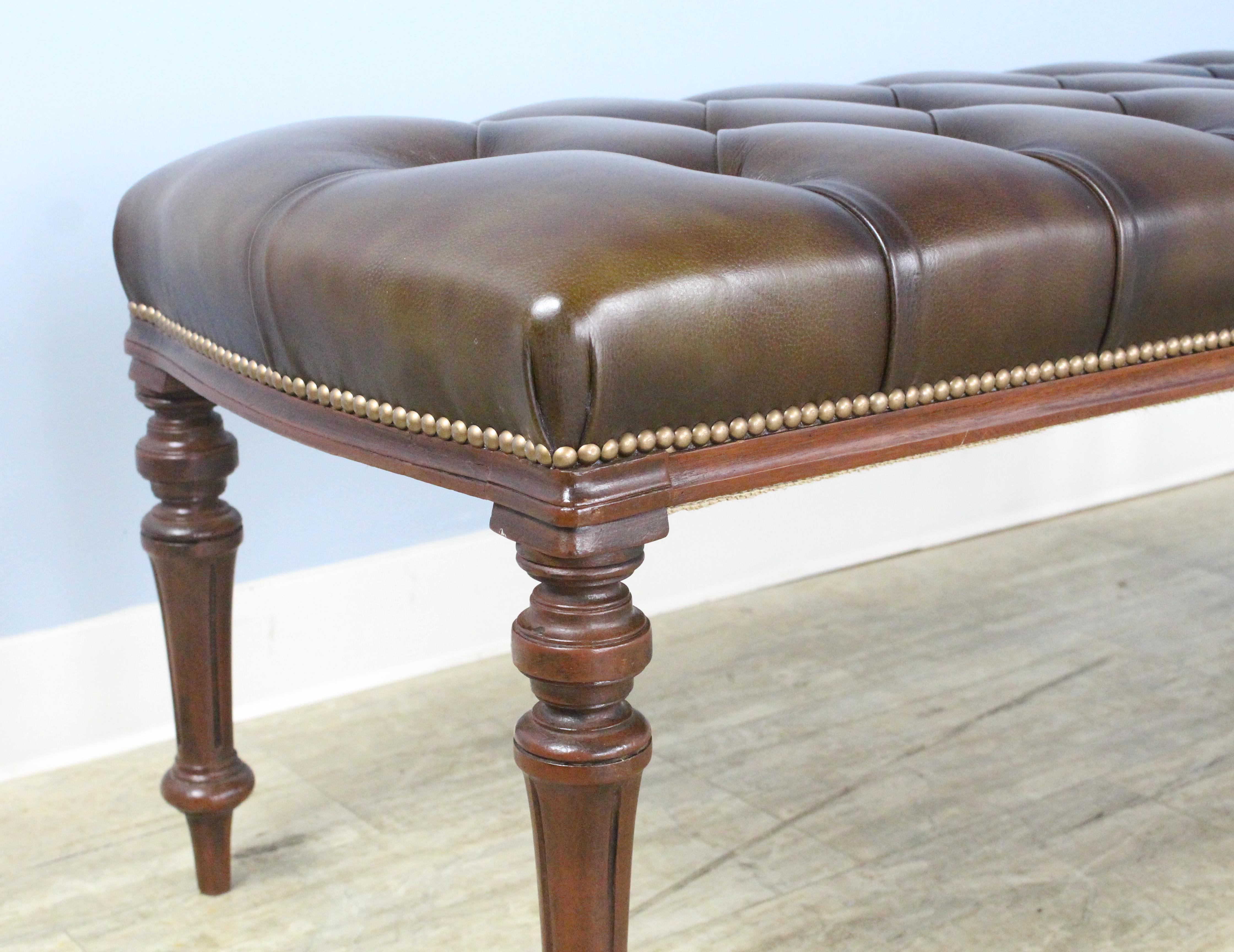 Four Legged Antique Mahogany and Leather Stool In Good Condition For Sale In Port Chester, NY