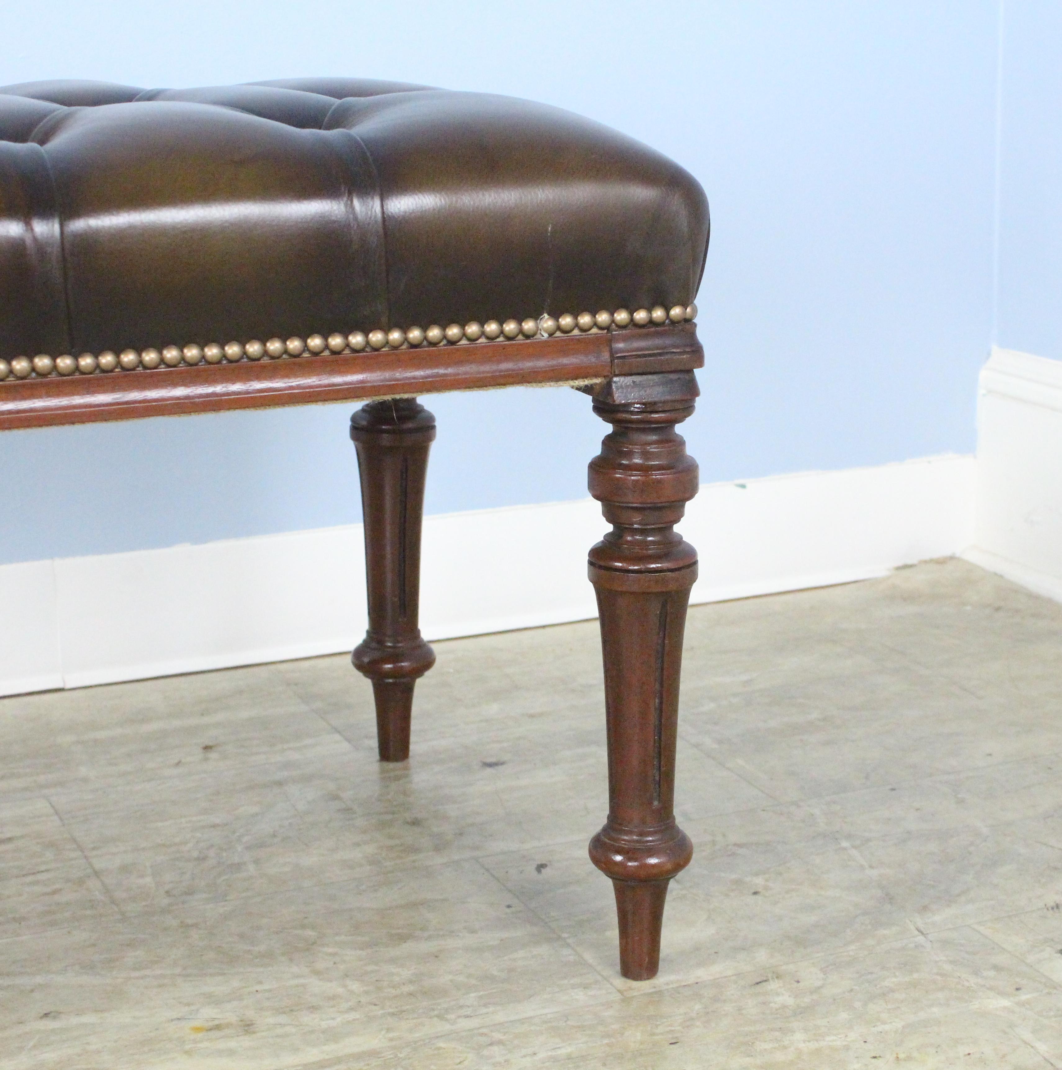 Four Legged Antique Mahogany and Leather Stool For Sale 1