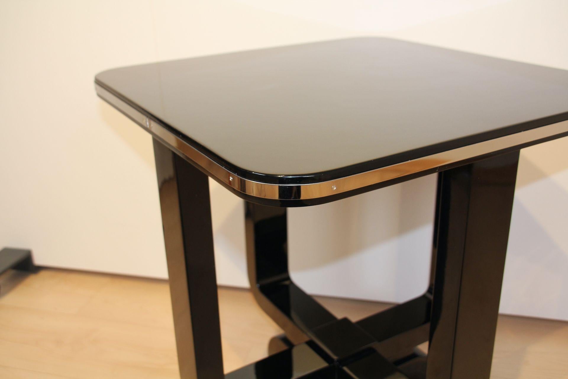 Four-legged Art Deco Side Table, Black Lacquer and Metal, France circa 193 4