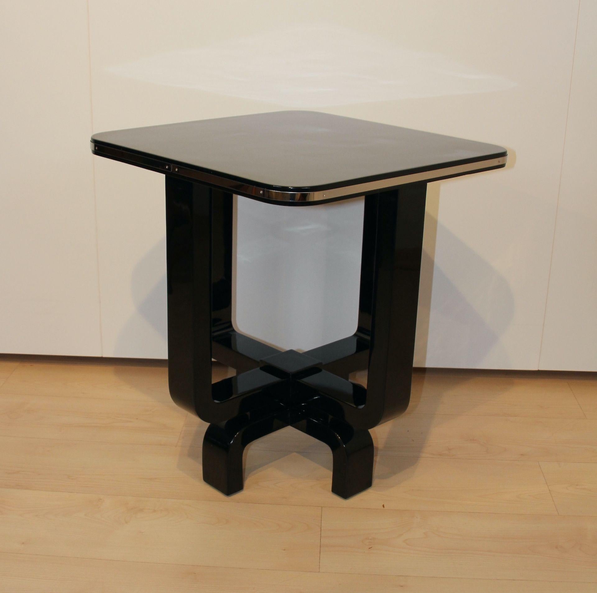Stainless Steel Four-legged Art Deco Side Table, Black Lacquer and Metal, France circa 193