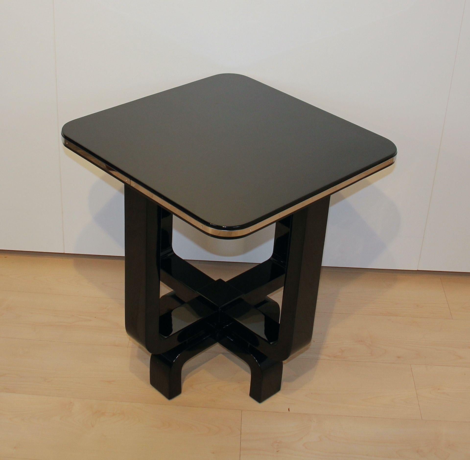 Four-legged Art Deco Side Table, Black Lacquer and Metal, France circa 193 1