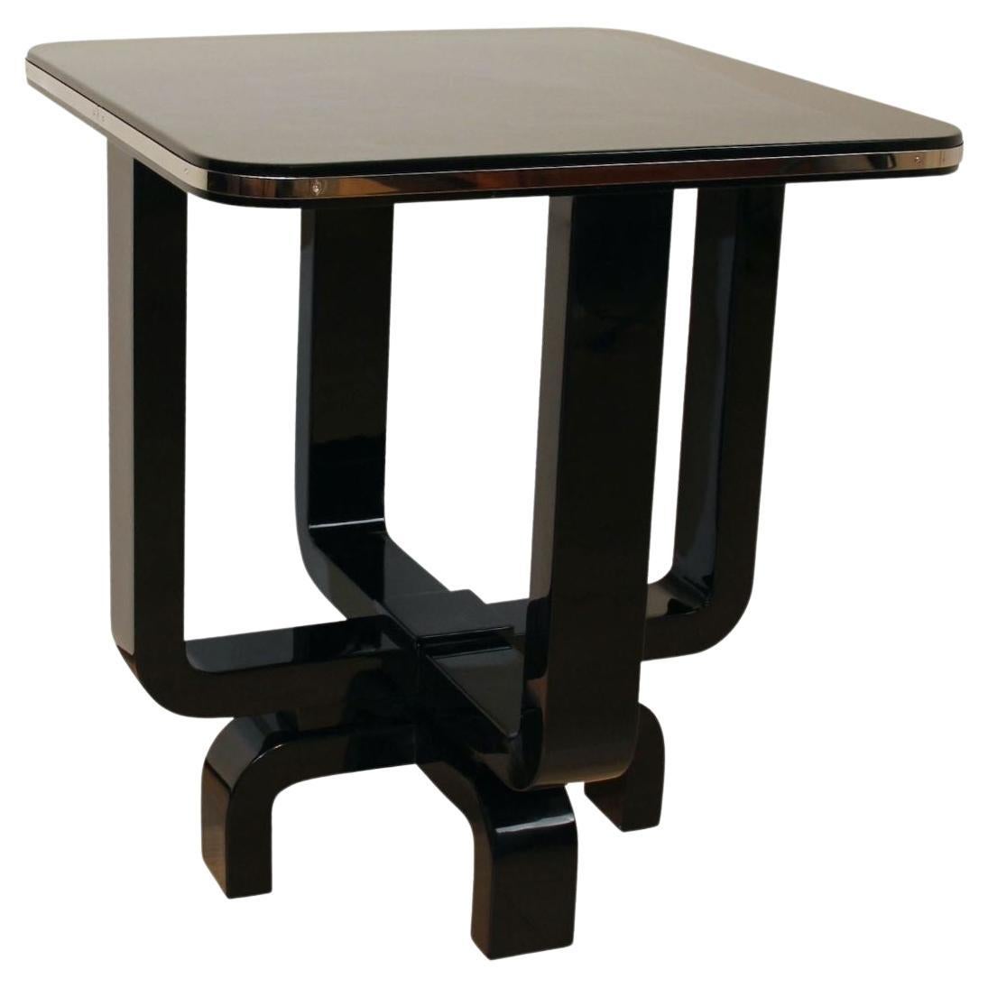 Four-legged Art Deco Side Table, Black Lacquer and Metal, France circa 193