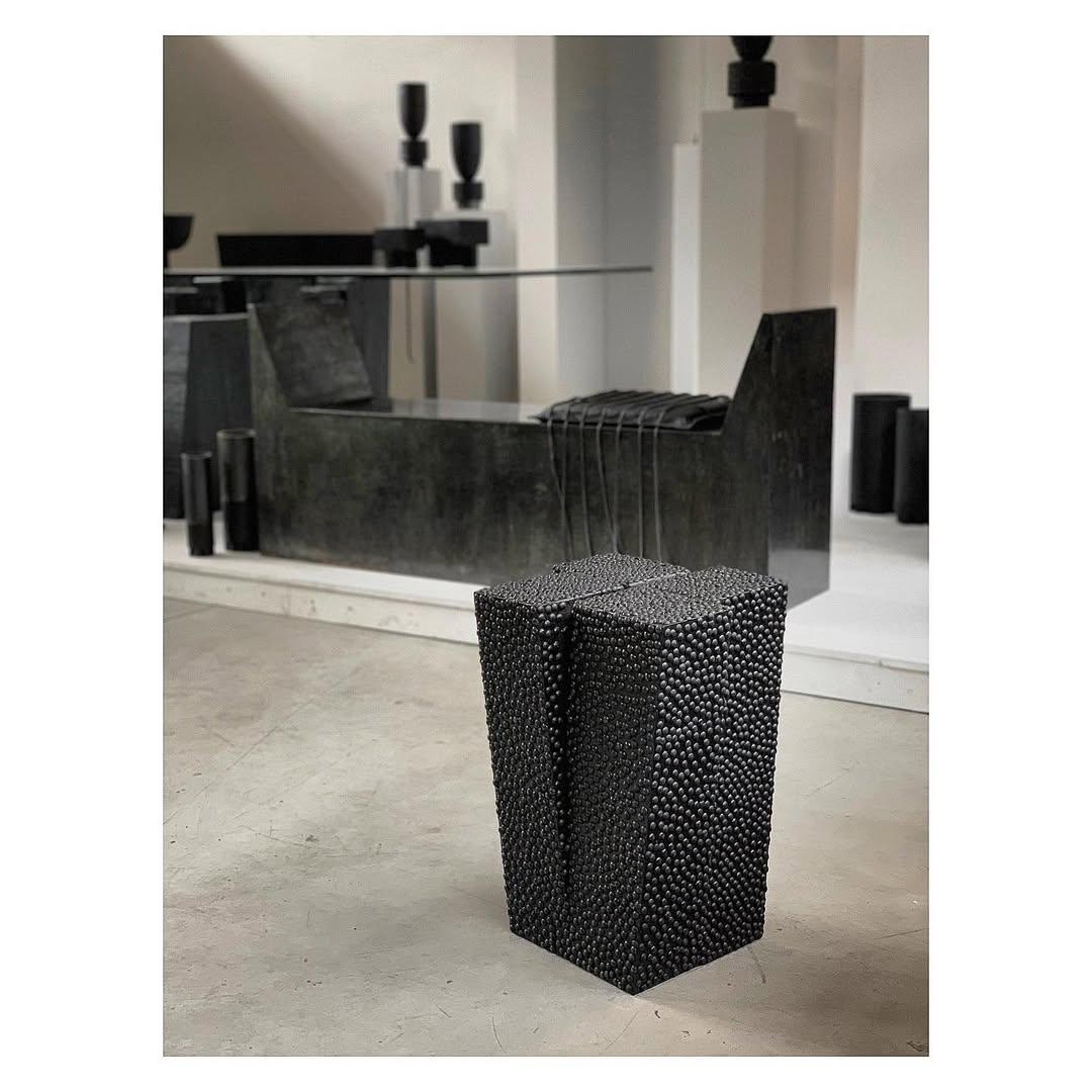 Four Legs Burnt and Waxed Iroko Wood Stool by Arno Declercq For Sale 7