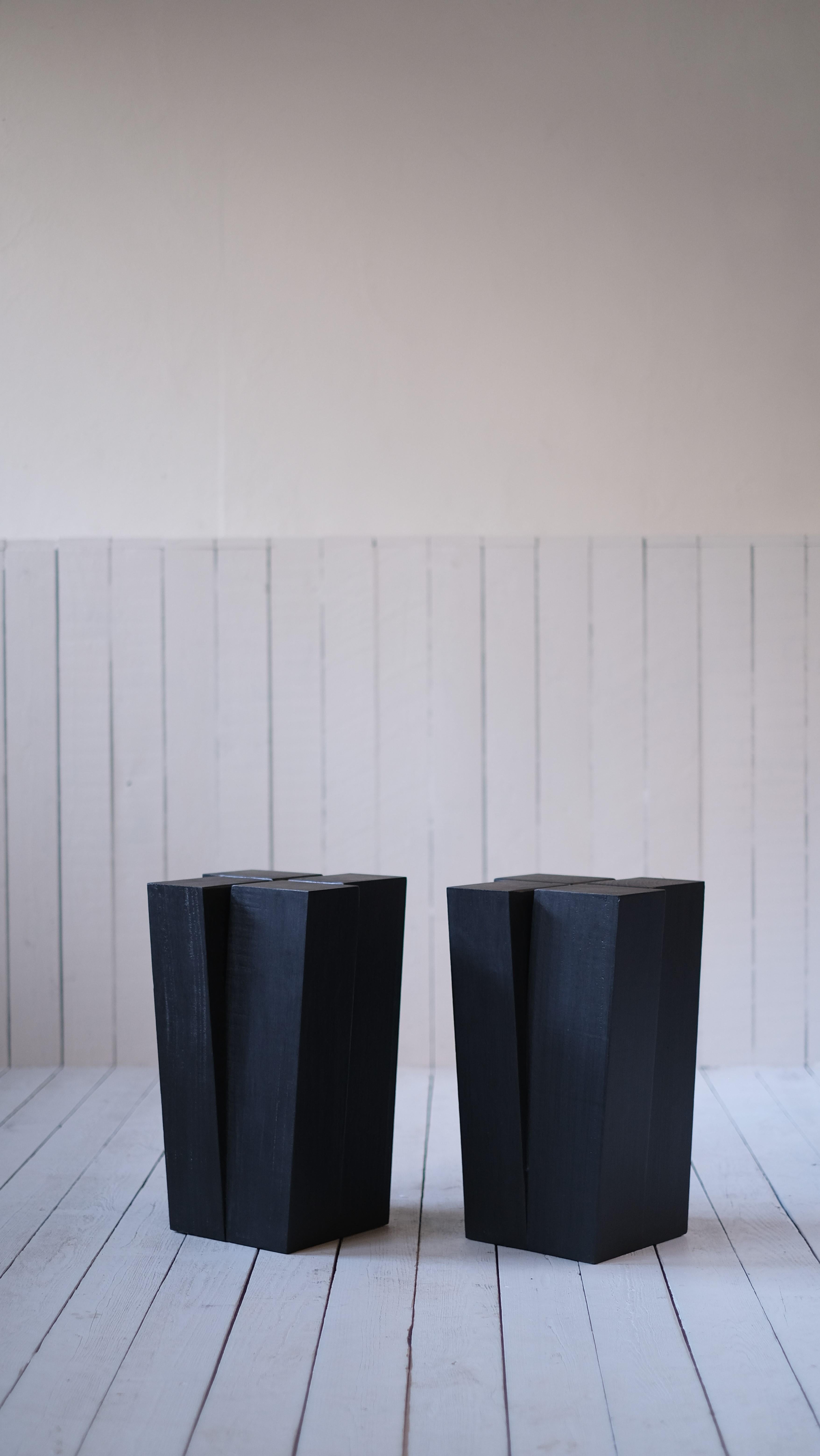 Four Legs Stool by Declercq
Dimensions: D32 x W32 x H50 cm
Materials:  Burned and waxed Iroko wood

Signed by Arno Declercq

Arno Declercq
Belgian designer and art dealer who makes bespoke objects with passion for design, atmosphere, history and
