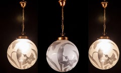 Four Liberty Engraved Glass Sphere Chandeliers or Lanterns, Italy, 1940