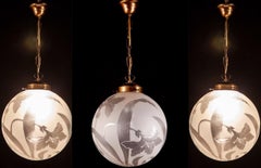 Four Liberty Engraved Glass Sphere Chandeliers or Lanterns, Italy, 1940