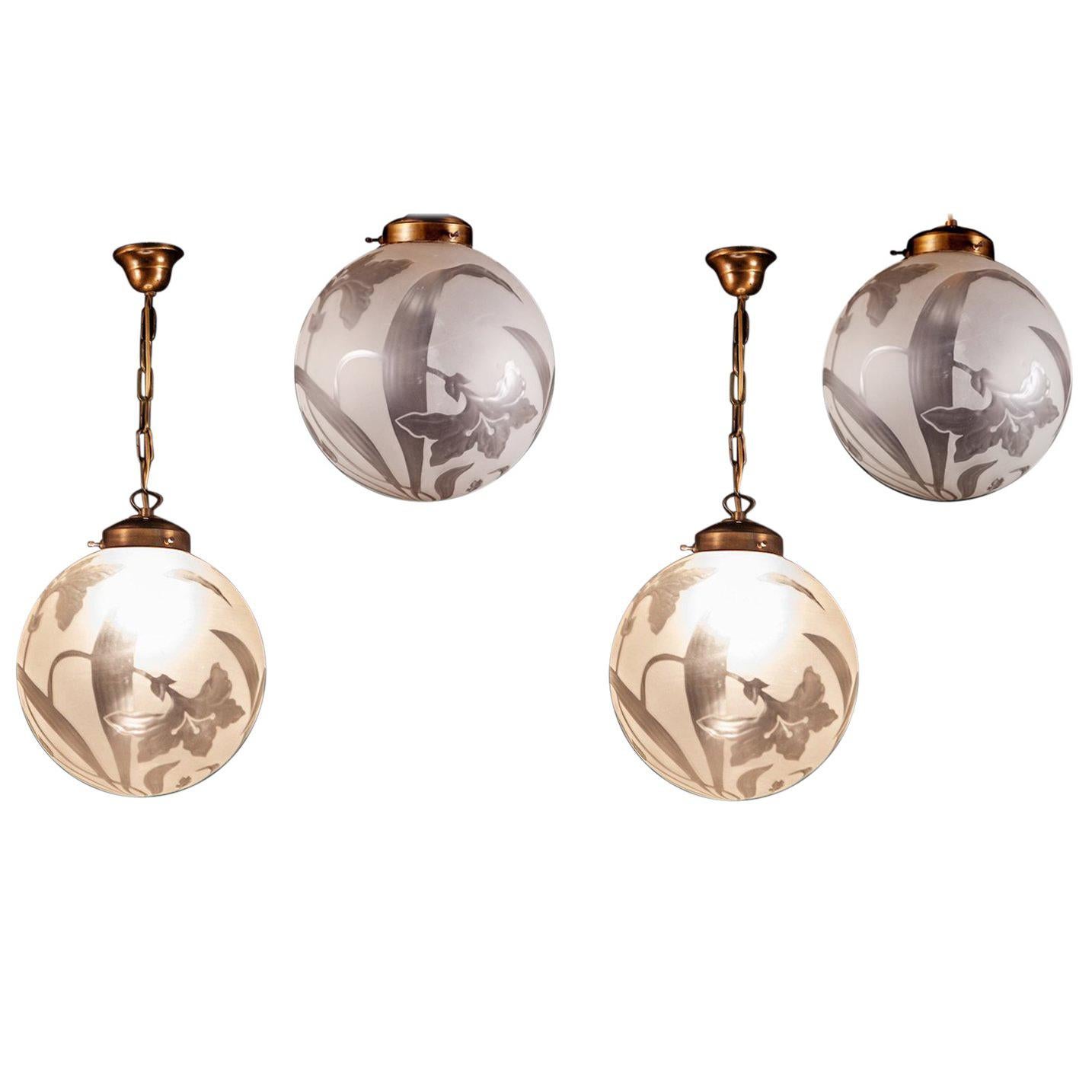 Art Deco Four Liberty Engraved Glass Sphere Chandeliers or Lanterns, Italy, 1940 For Sale