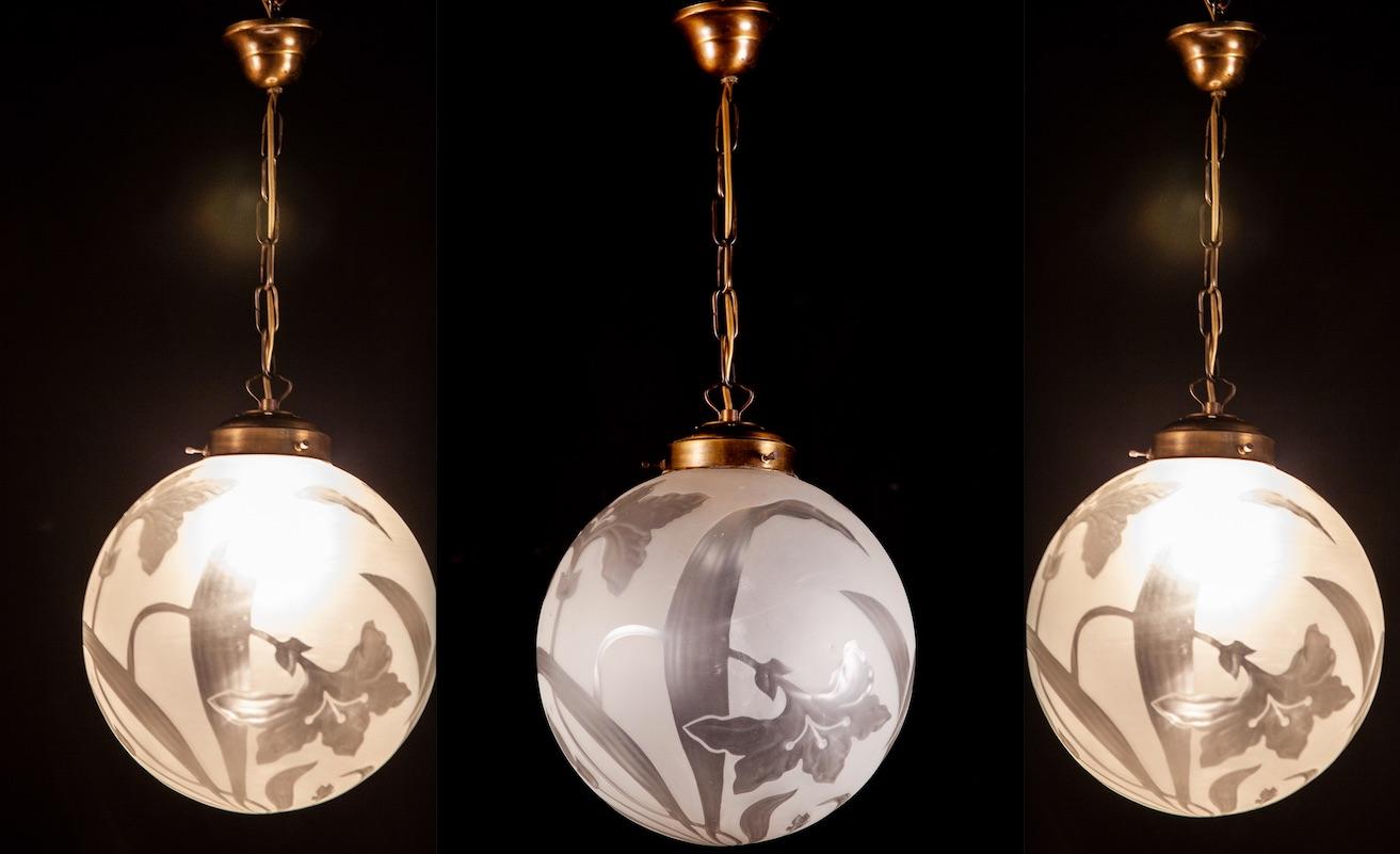 European Four Liberty Engraved Glass Sphere Chandeliers or Lanterns, Italy, 1940 For Sale