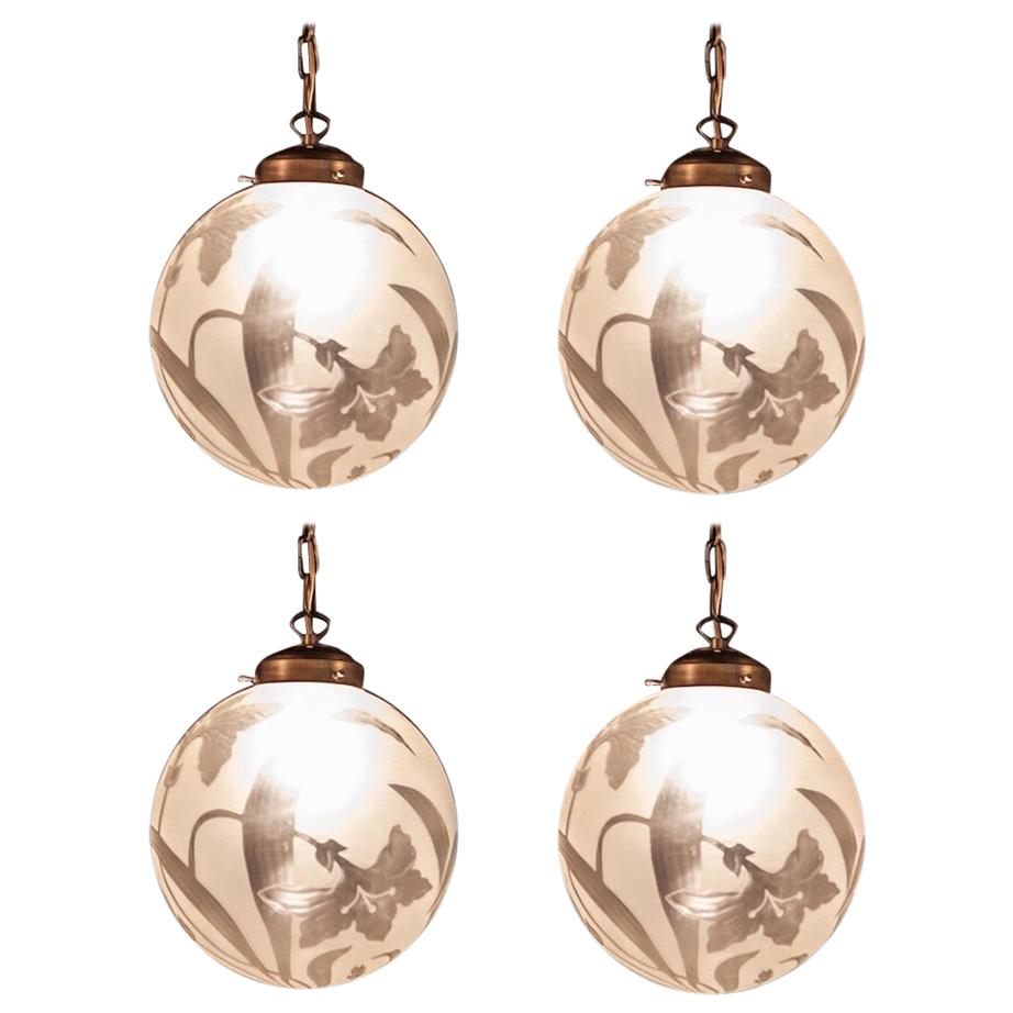 Four Liberty Engraved Glass Sphere Chandeliers or Lanterns, Italy, 1940 For Sale