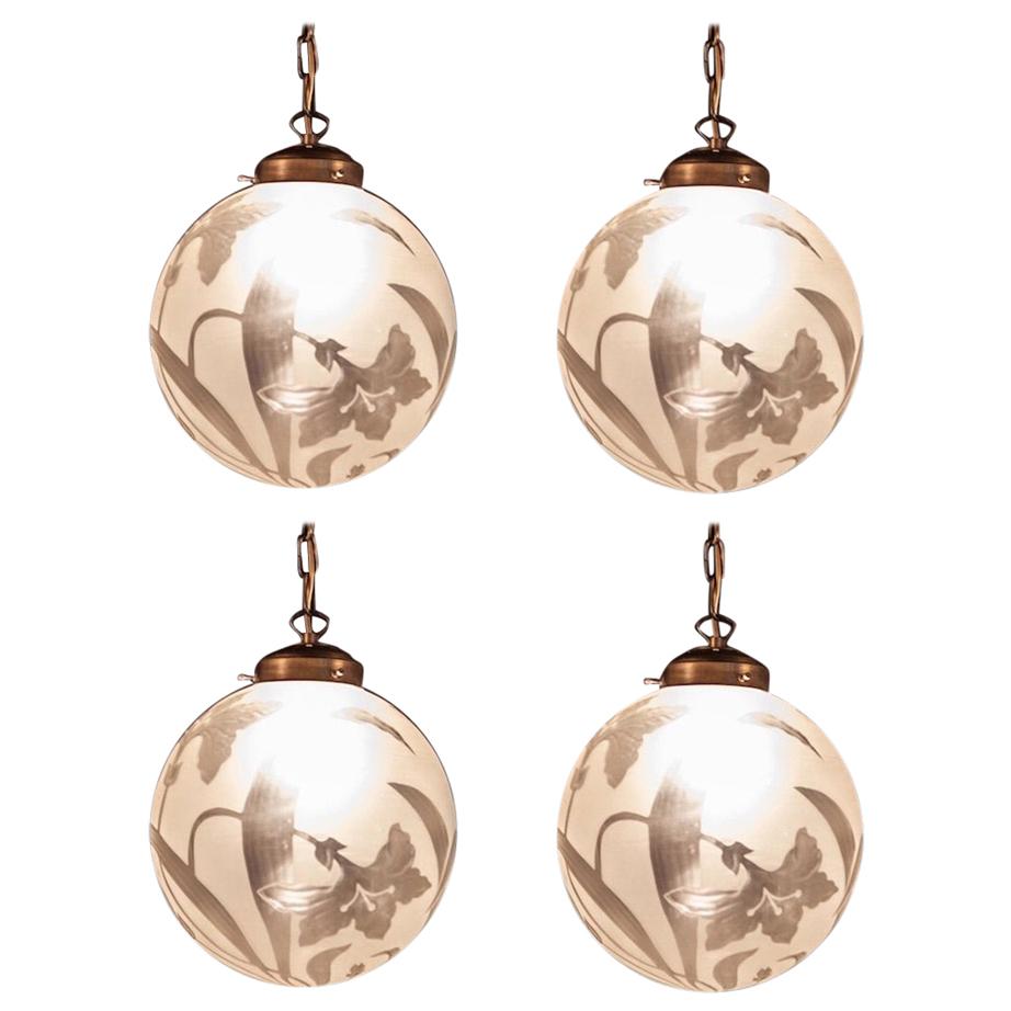 Four Liberty Engraved Glass Sphere Chandeliers or Lanterns, Italy, 1940