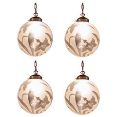 Four Liberty Engraved Glass Sphere Chandeliers or Lanterns, Italy, 1940