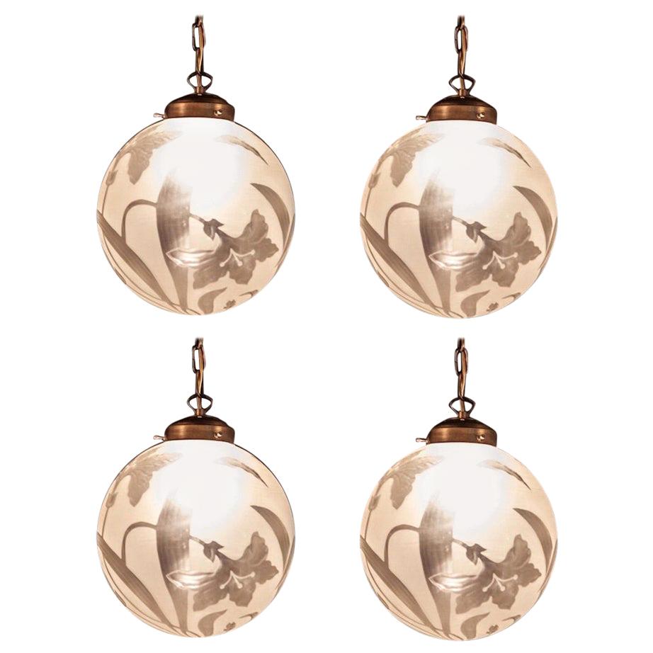 Four Liberty Engraved Glass Sphere Chandeliers or Lanterns, Italy, 1940 For Sale