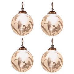 Four Liberty Engraved Glass Sphere Chandeliers or Lanterns, Italy, 1940