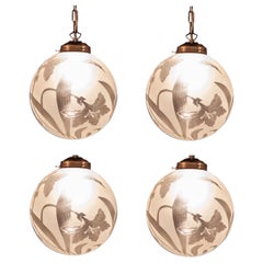 Antique Four Liberty Engraved Glass Sphere Chandeliers or Lanterns, Italy, 1940