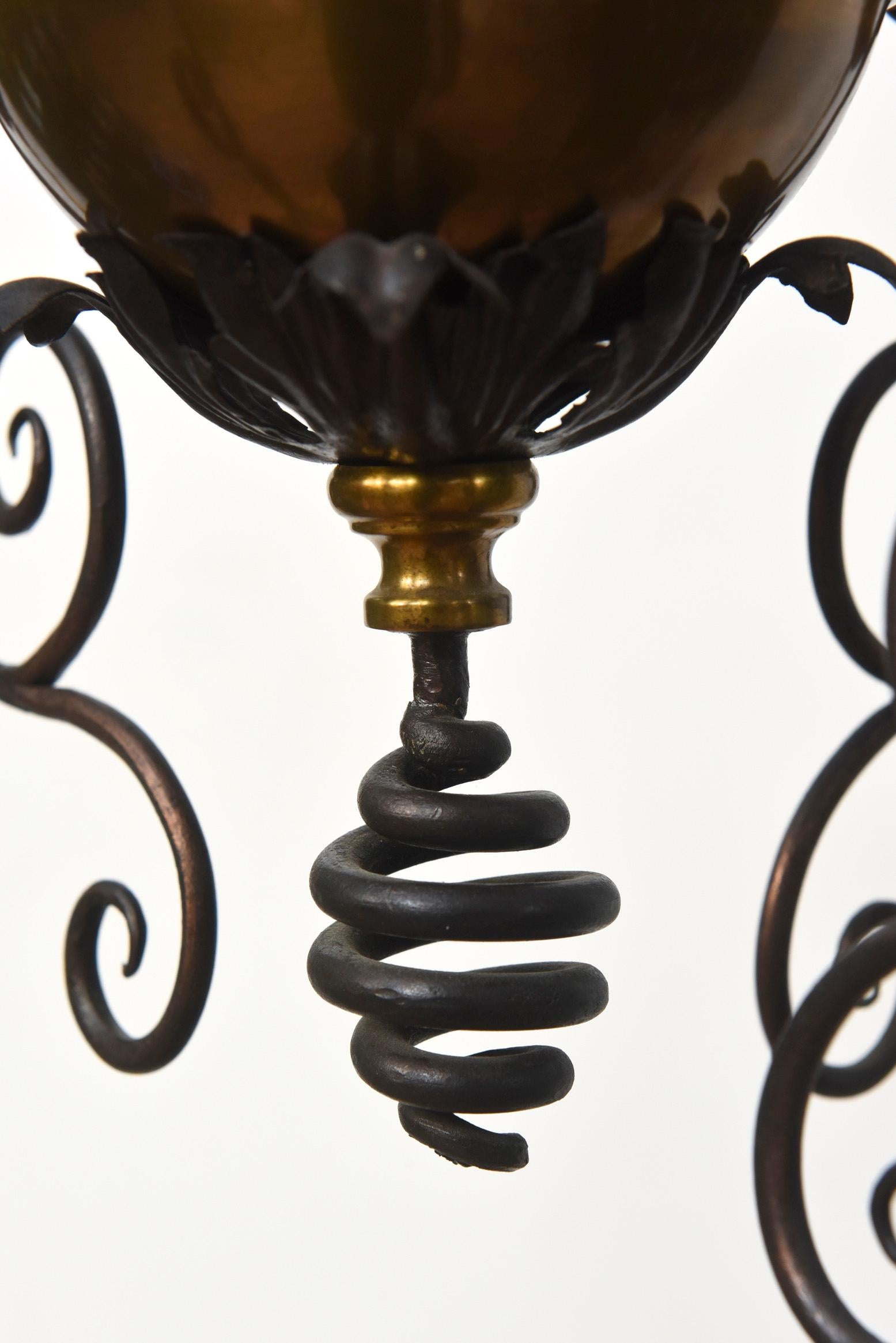 Four Light Early Electric Fixture. Wrought iron and brass. Completely restored and rewired. Original etched glass. American, C. 1900

Dimensions: 
Height: 24