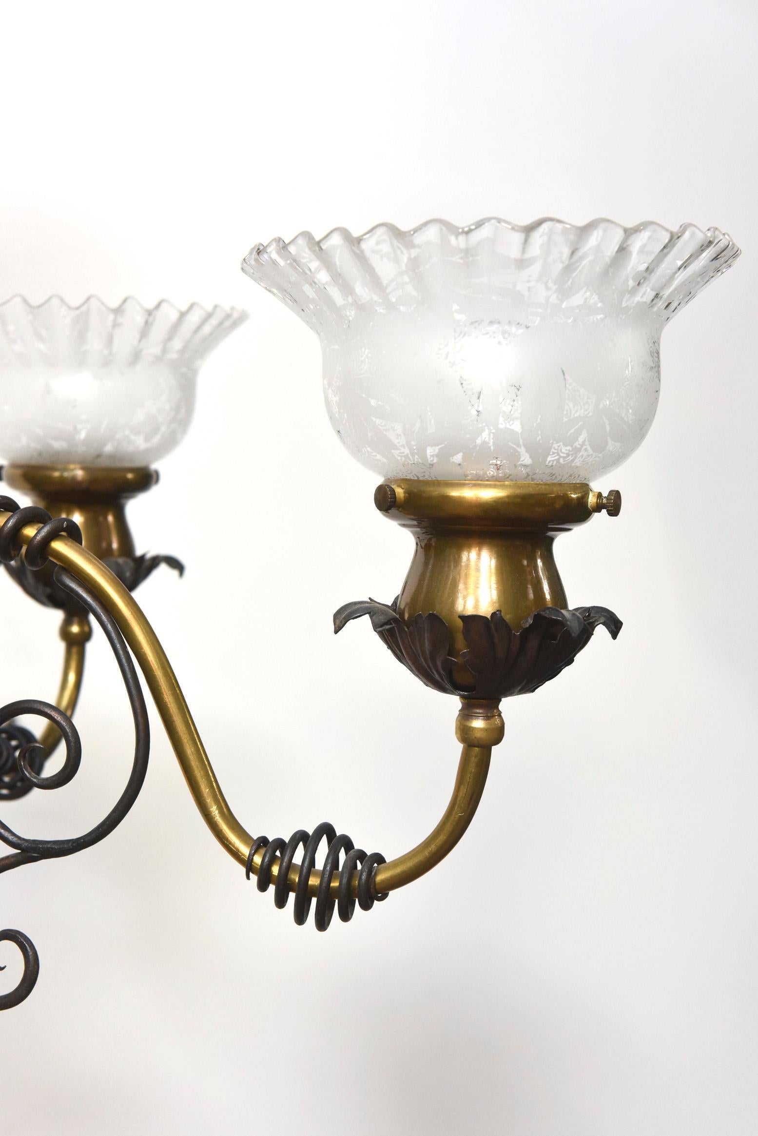 20th Century Four Light Brass and Wrought Iron Early Electric Fixture For Sale
