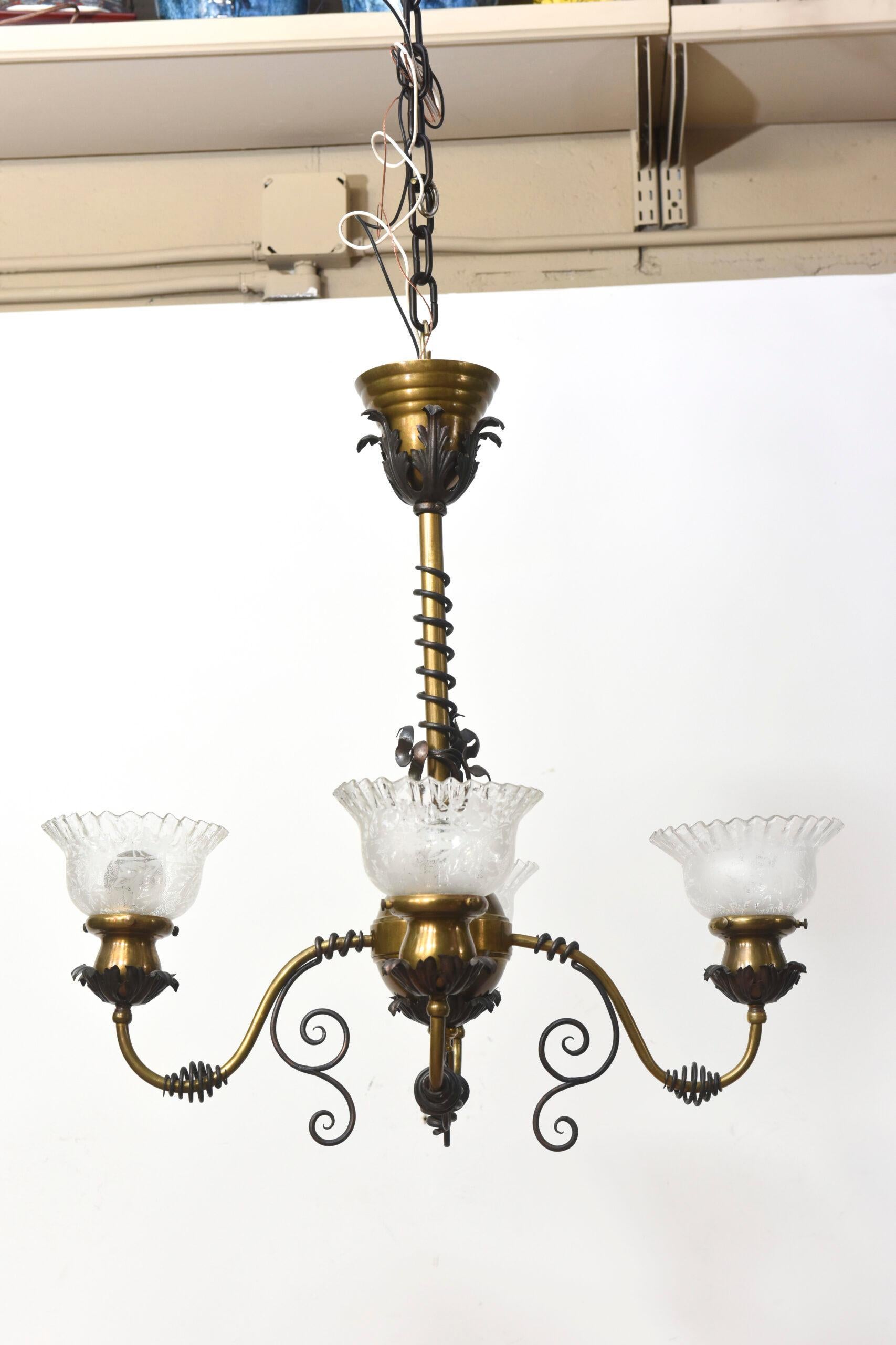 Four Light Brass and Wrought Iron Early Electric Fixture For Sale 2