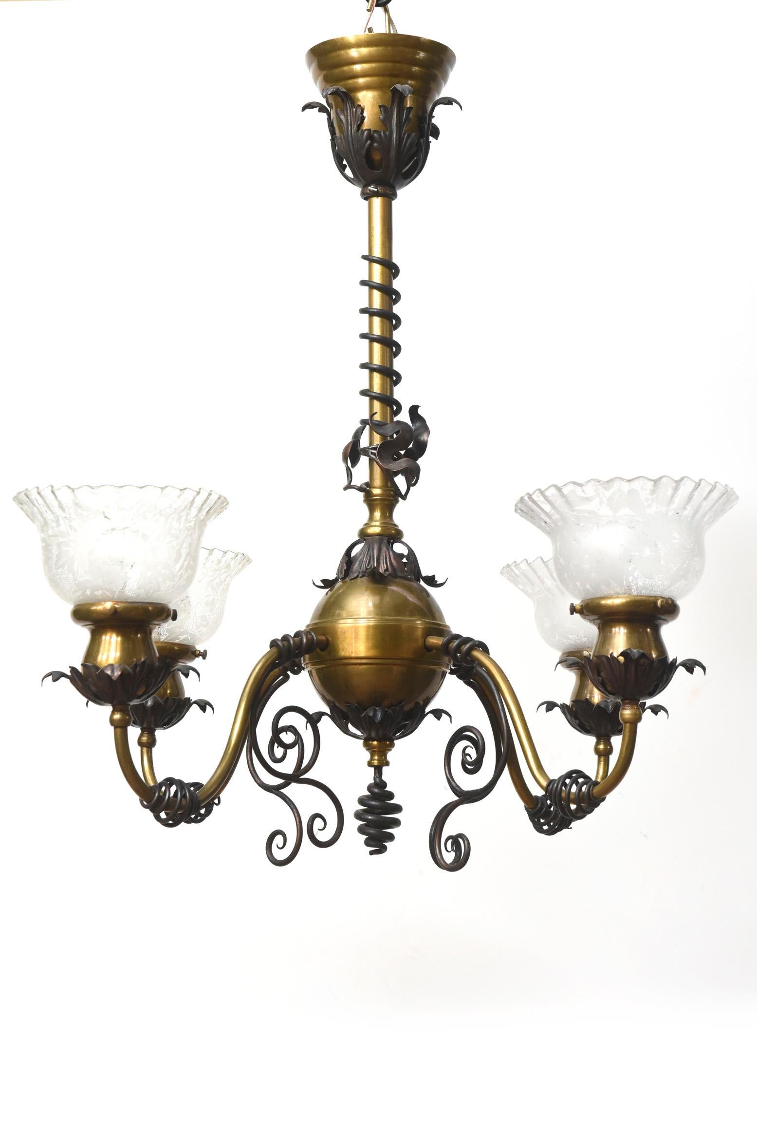 Four Light Brass and Wrought Iron Early Electric Fixture For Sale 3