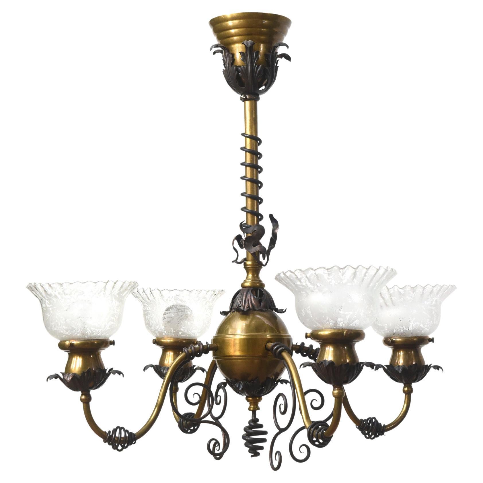 Four Light Brass and Wrought Iron Early Electric Fixture
