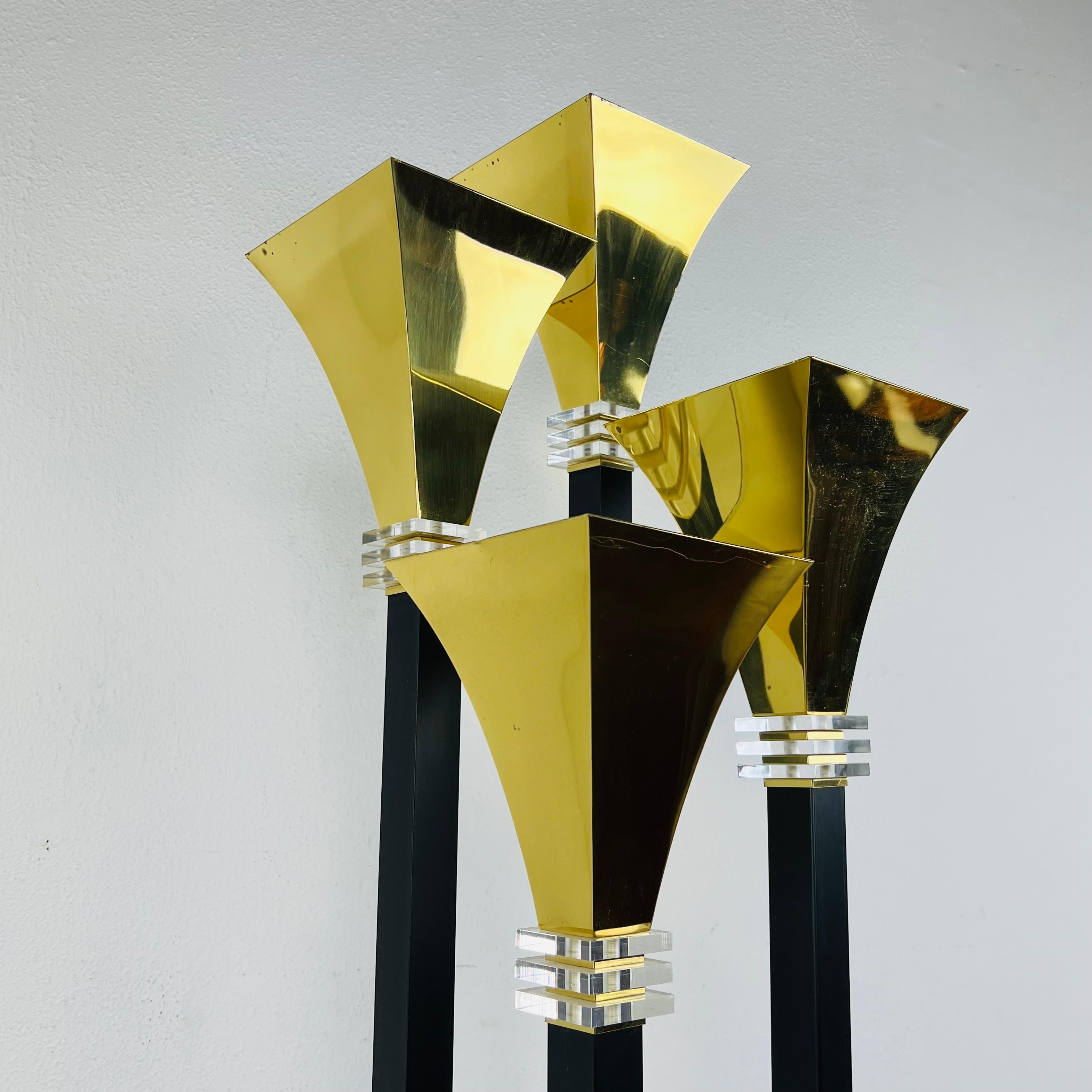 Four Light Brass & Lucite Torchiere Floor Lamp For Sale 4