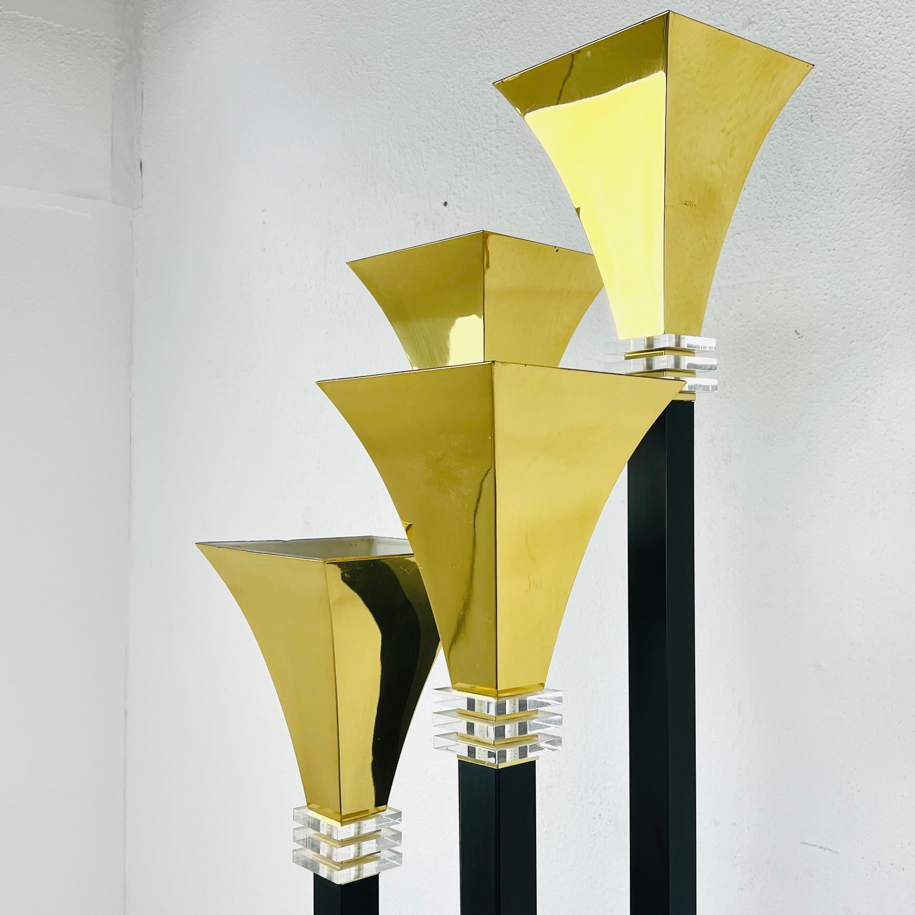 Four Light Brass & Lucite Torchiere Floor Lamp In Good Condition For Sale In Dallas, TX