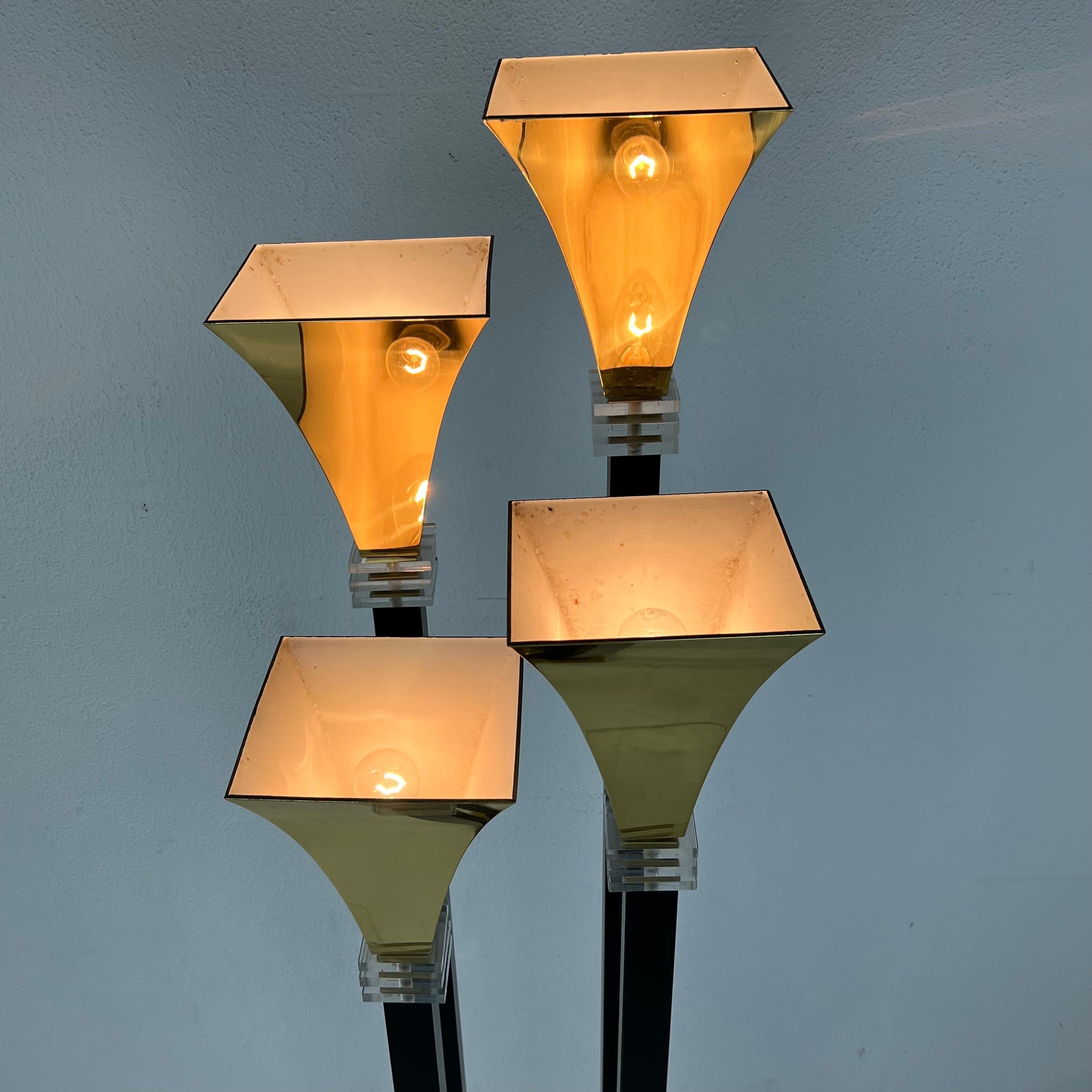 Late 20th Century Four Light Brass & Lucite Torchiere Floor Lamp For Sale