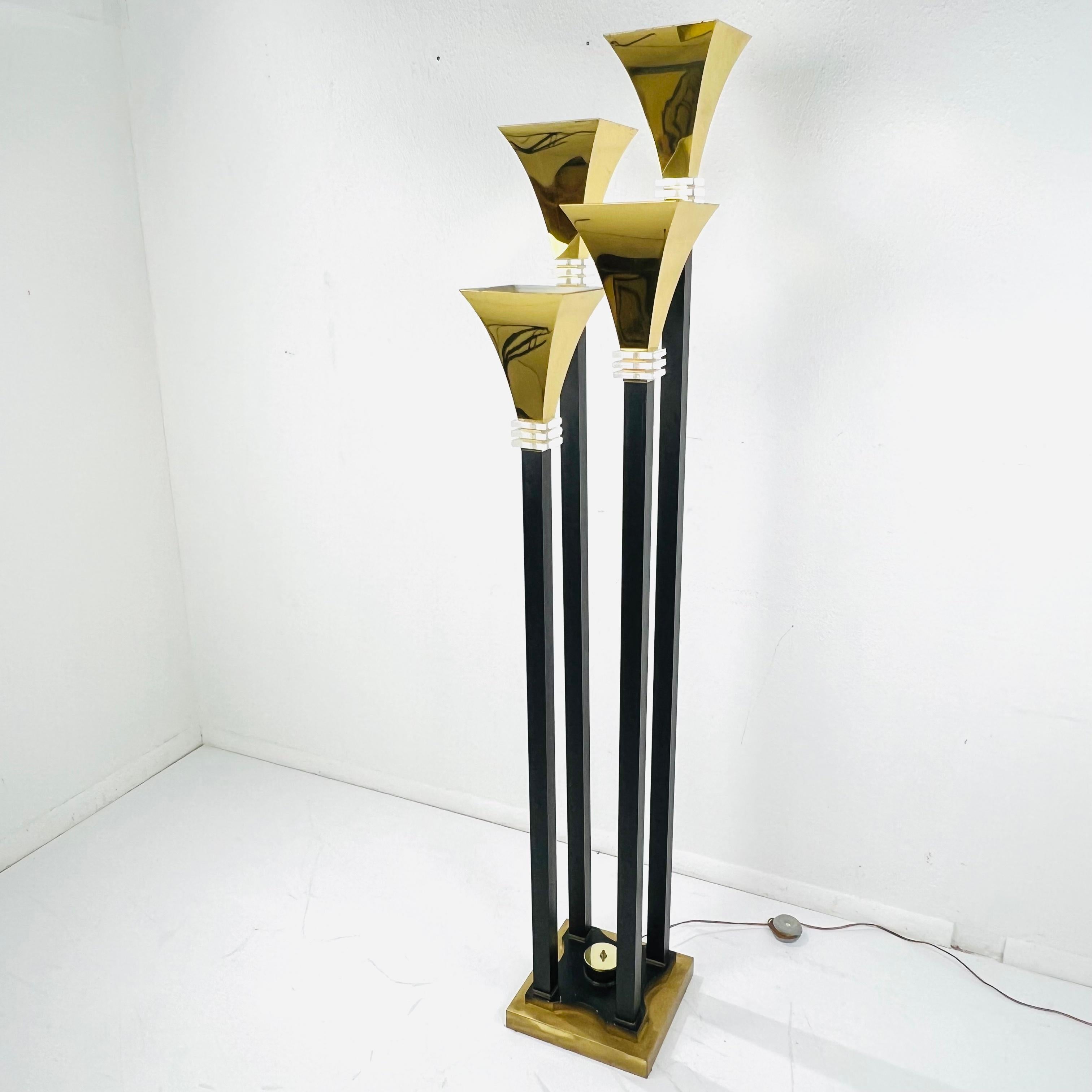 Metal Four Light Brass & Lucite Torchiere Floor Lamp For Sale