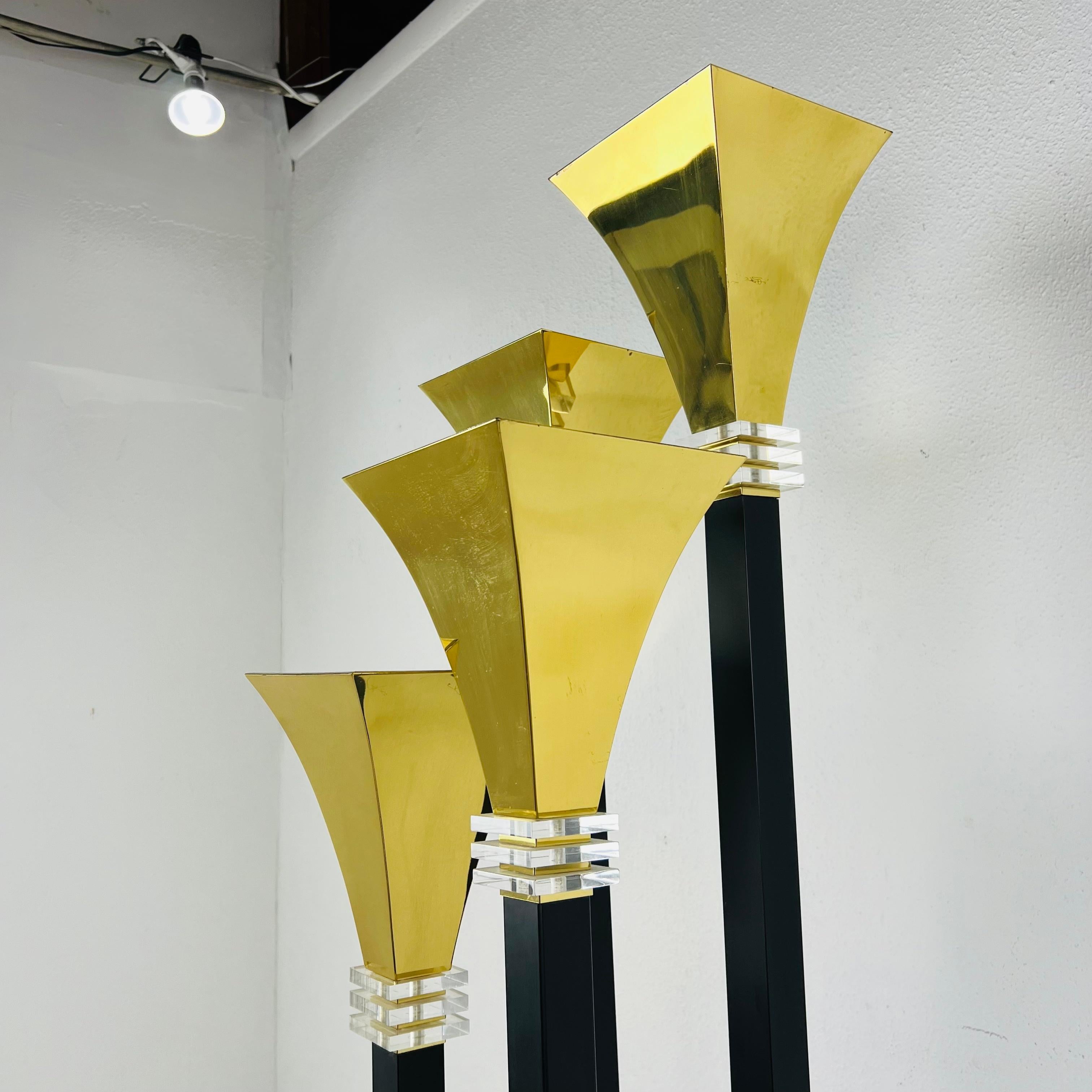 Four Light Brass & Lucite Torchiere Floor Lamp For Sale 1