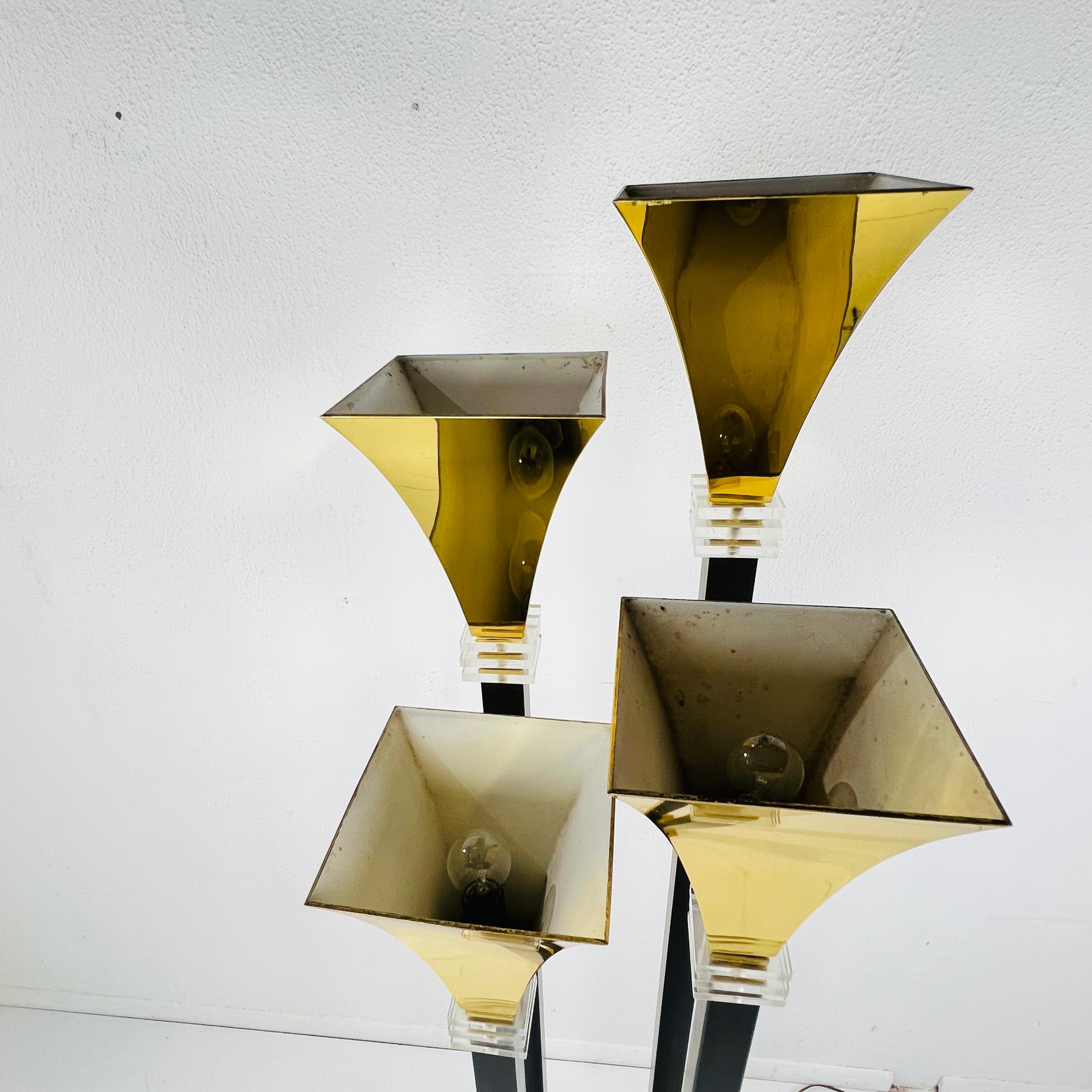 Four Light Brass & Lucite Torchiere Floor Lamp For Sale 3