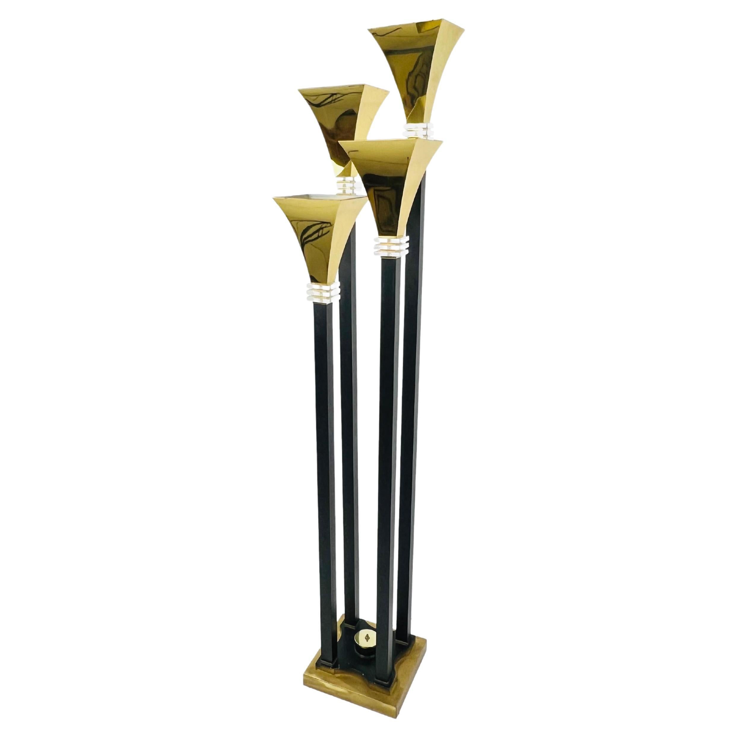 Four Light Brass & Lucite Torchiere Floor Lamp For Sale