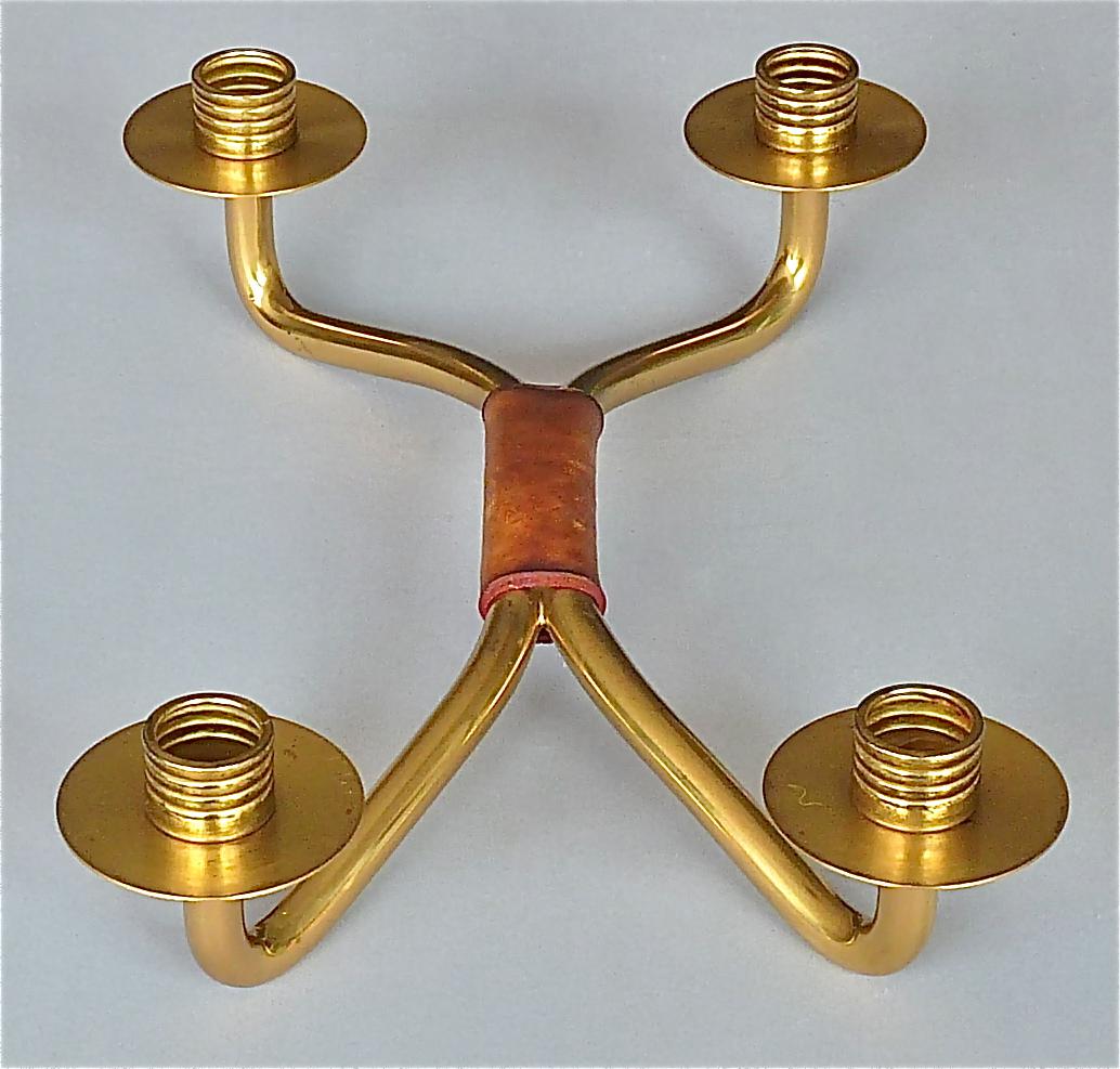 Rare Midcentury Hagenauer Kalmar Style Candle Holder Brass Leather Austria 1950s For Sale 8