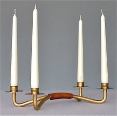 Rare Midcentury Hagenauer Kalmar Style Candle Holder Brass Leather Austria 1950s